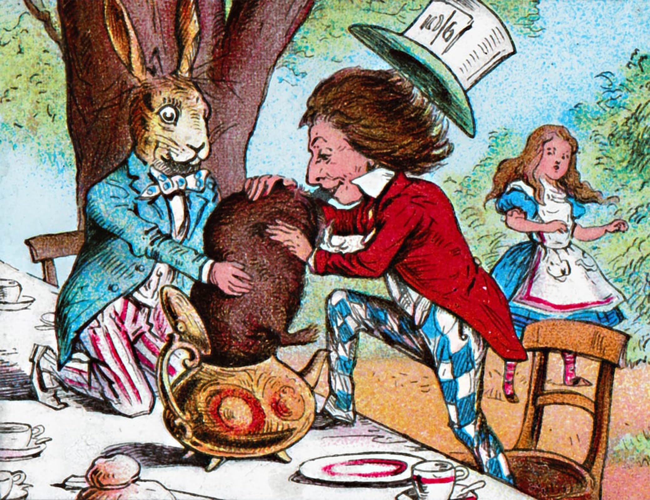 POSTERIIk Famous Modern Artwork Art Mural the Mad Hatter and the March Hare Trying to Put the Dormouse Into a Teapot by Tenniel Oil Paintings Pictures for Home Decor 60x90cm