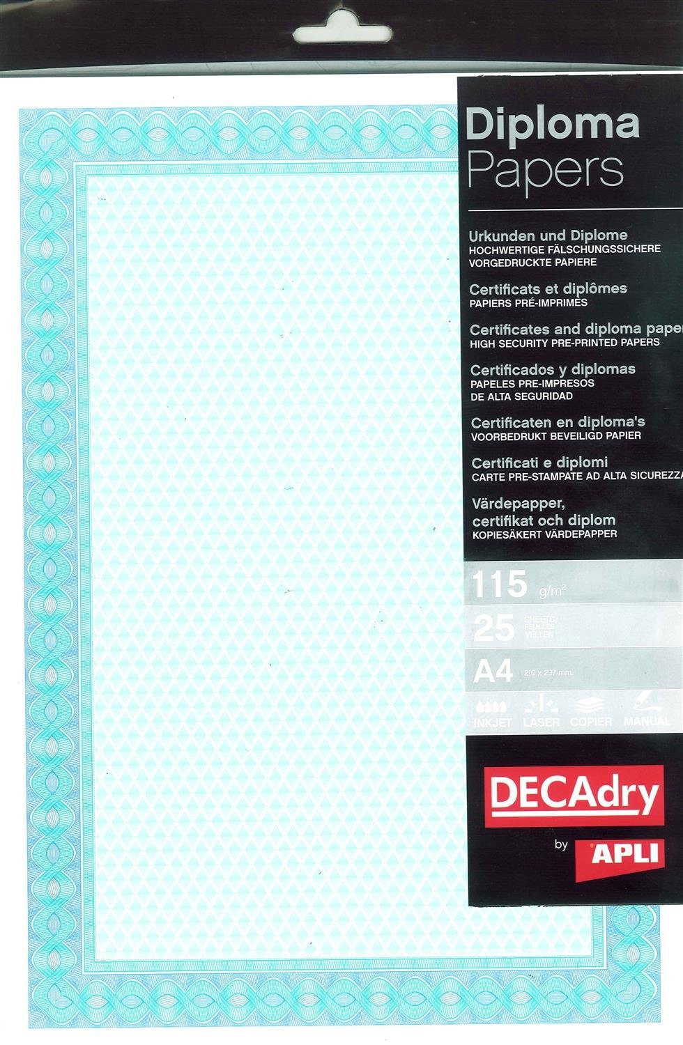 DECAdry Premium Certificates Watermarked 115gsm A4 Turquoise Blue Ref OSD4052 [Pack of 25]