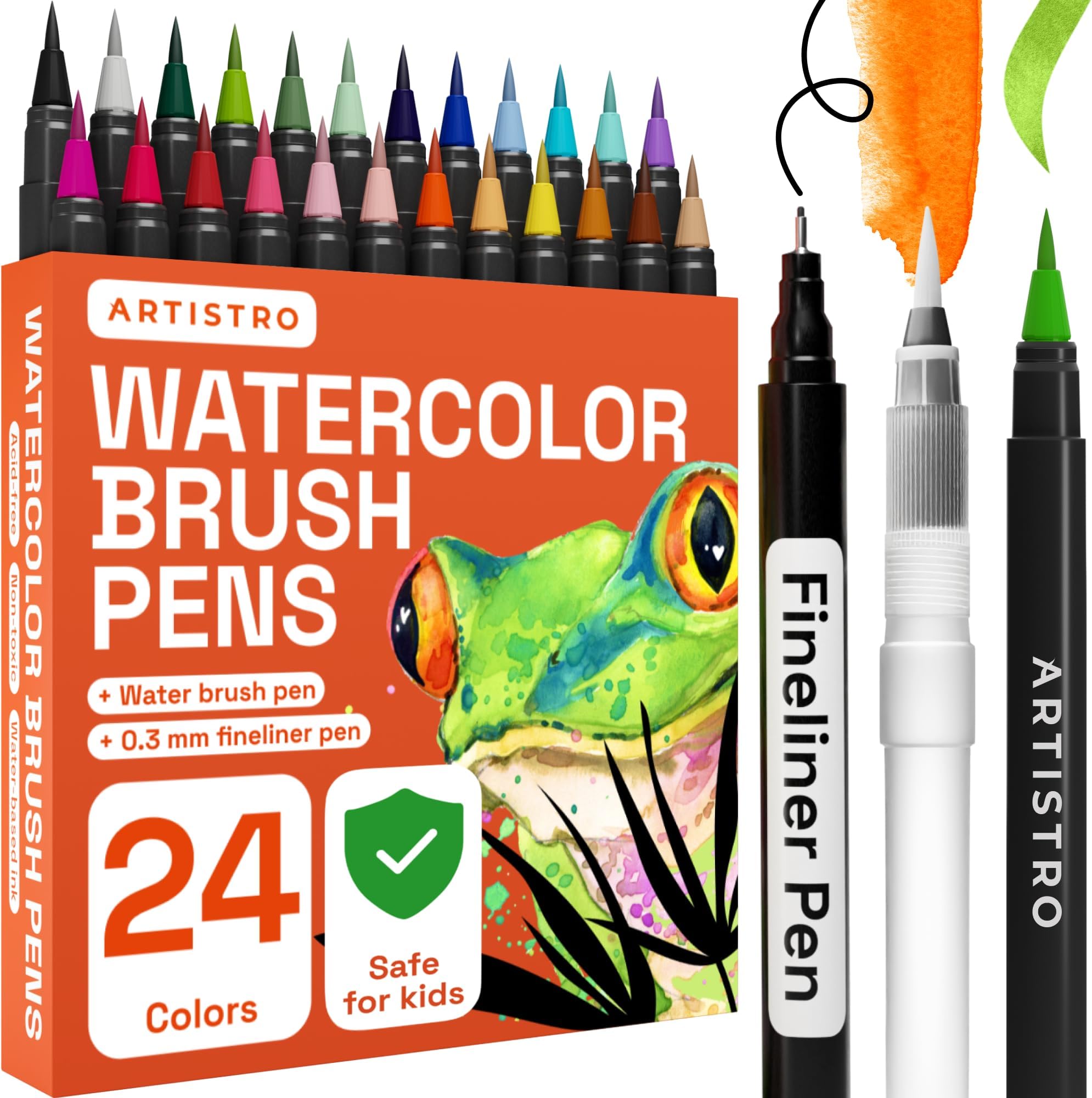 ARTISTRO 24 Watercolor Markers with Flexible Brush Pens for Pros & Beginners - Consistent, Smooth, Washable, Non-Toxic, Ideal for Coloring, Calligraphy, & Manga