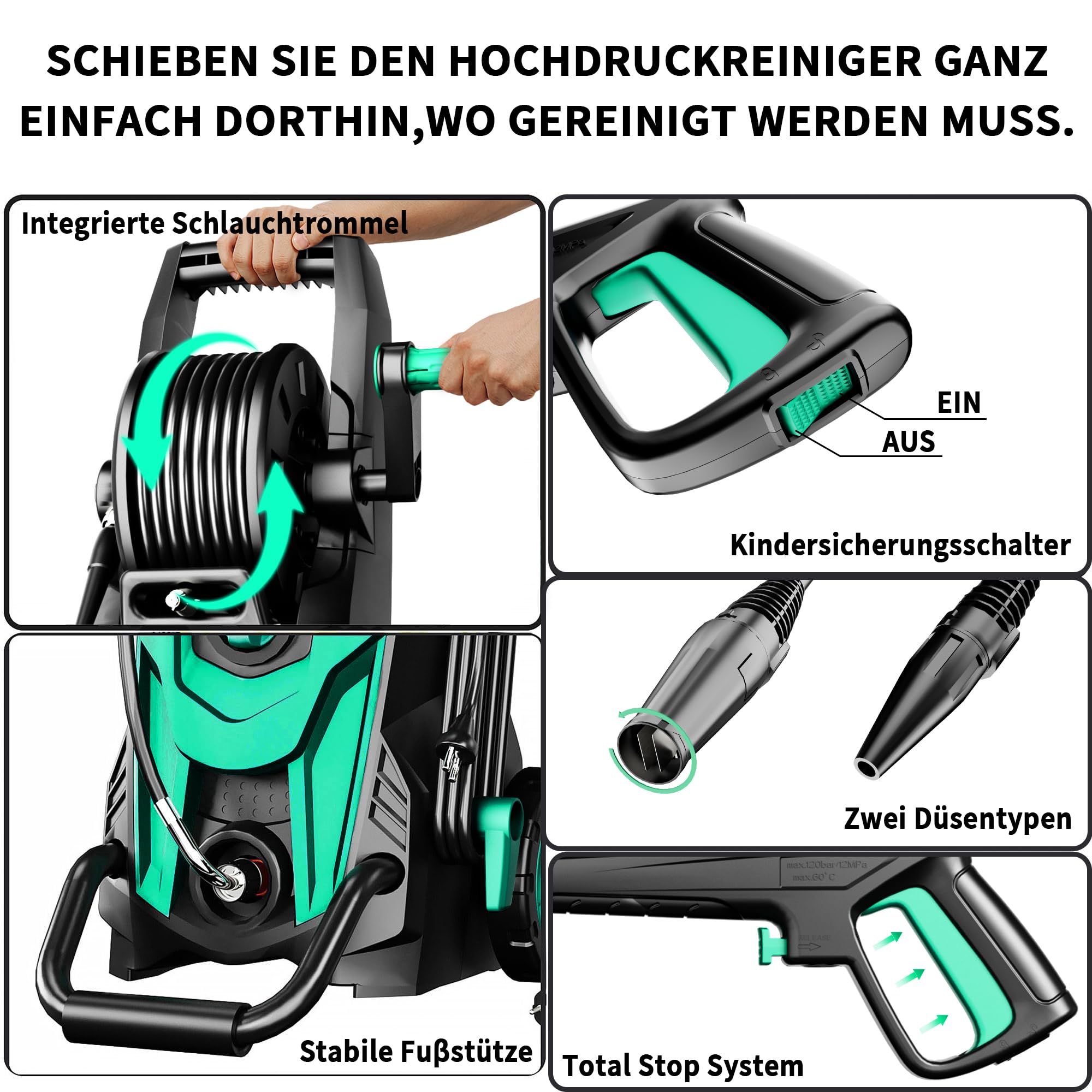 2026NEW Hochdruckreiniger 180 Bar, 450 l/h, Elektrischer Hochdruckreiniger mit 7 m Hochdruckschlauch, Schlauchtrommel, 500 ml Reinigungsmittelbehälter & 6-in-1-Düse, für Auto, Terrasse und Garten