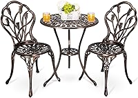 Vista 9 de HOMEFUN Juego de 2 mesas y sillas de bistró para exteriores, juego de 3 piezas, diseño de rosa, aluminio fundido para jardín, balcón, resistente a