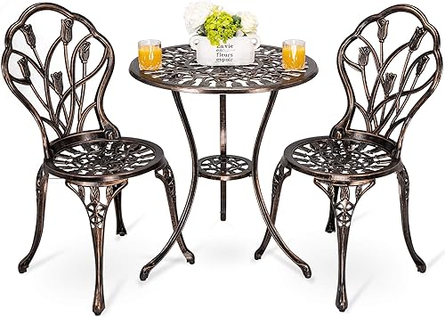 Miniatura 9 de HOMEFUN Juego de 2 mesas y sillas de bistró para exteriores, juego de 3 piezas, diseño de rosa, aluminio fundido para jardín, balcón, resistente a