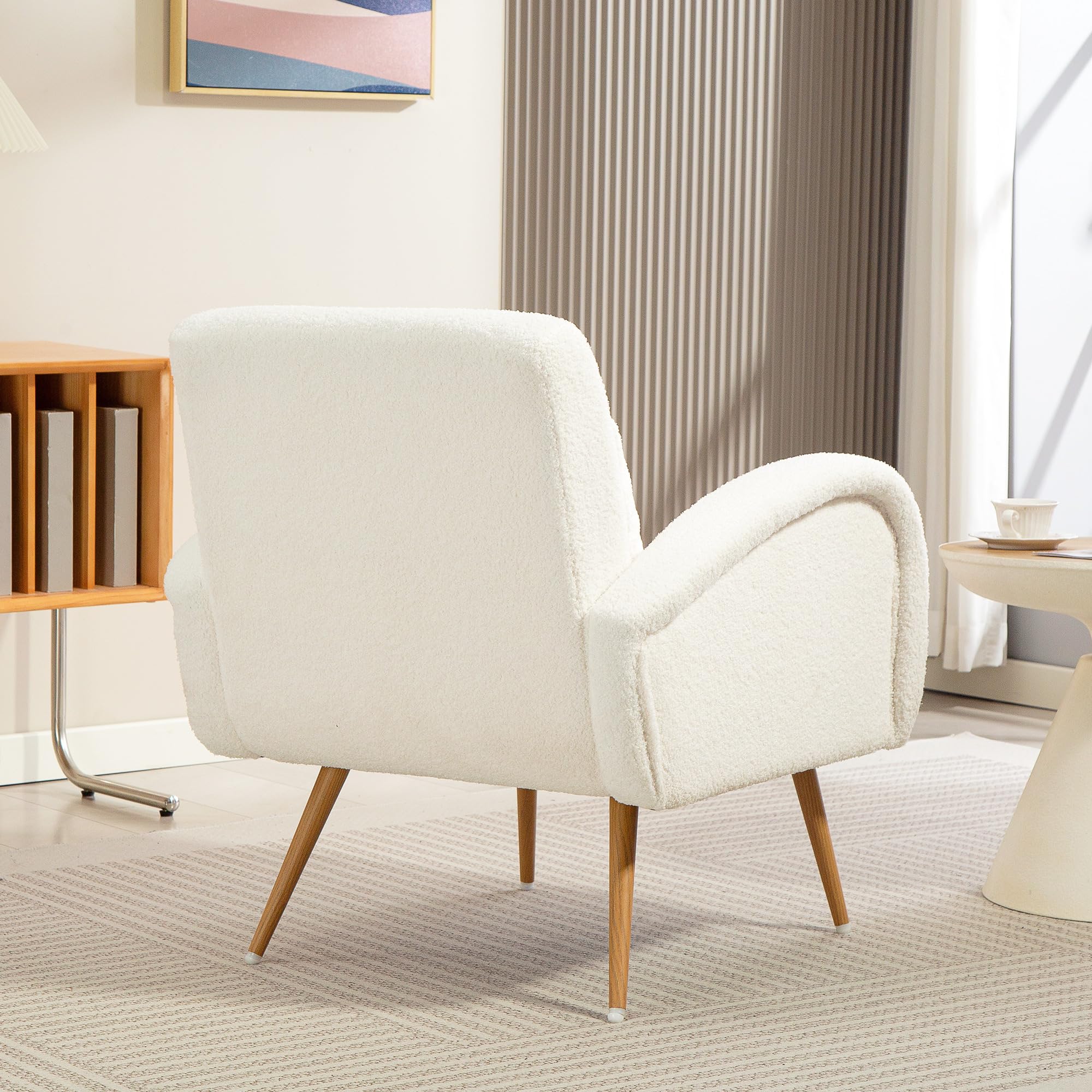 HOMCOM Sessel gepolsterter Loungesessel mit Armlehnen, Lendenkissen, Lesesessel Relaxsessel mit Metallbeine, Teddyfleece-Optik, Polstersessel für Schlafzimmer Wohnzimmer Cremeweiß