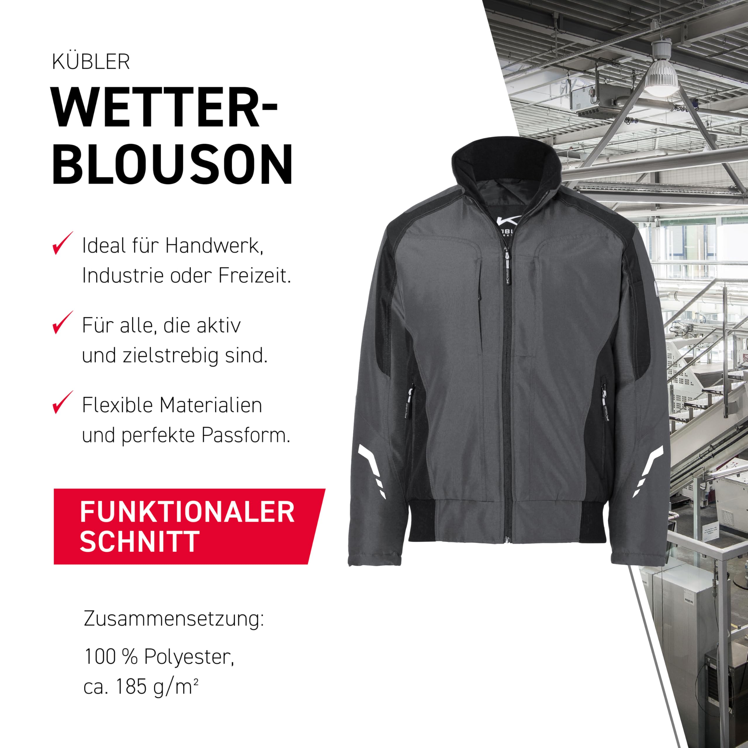 KÜBLER Workwear Wetterblouson – Jacke mit wattiertem Steppfutter – Wetterblouson aus 100% Polyester anthrazit/schwarz Gr. M