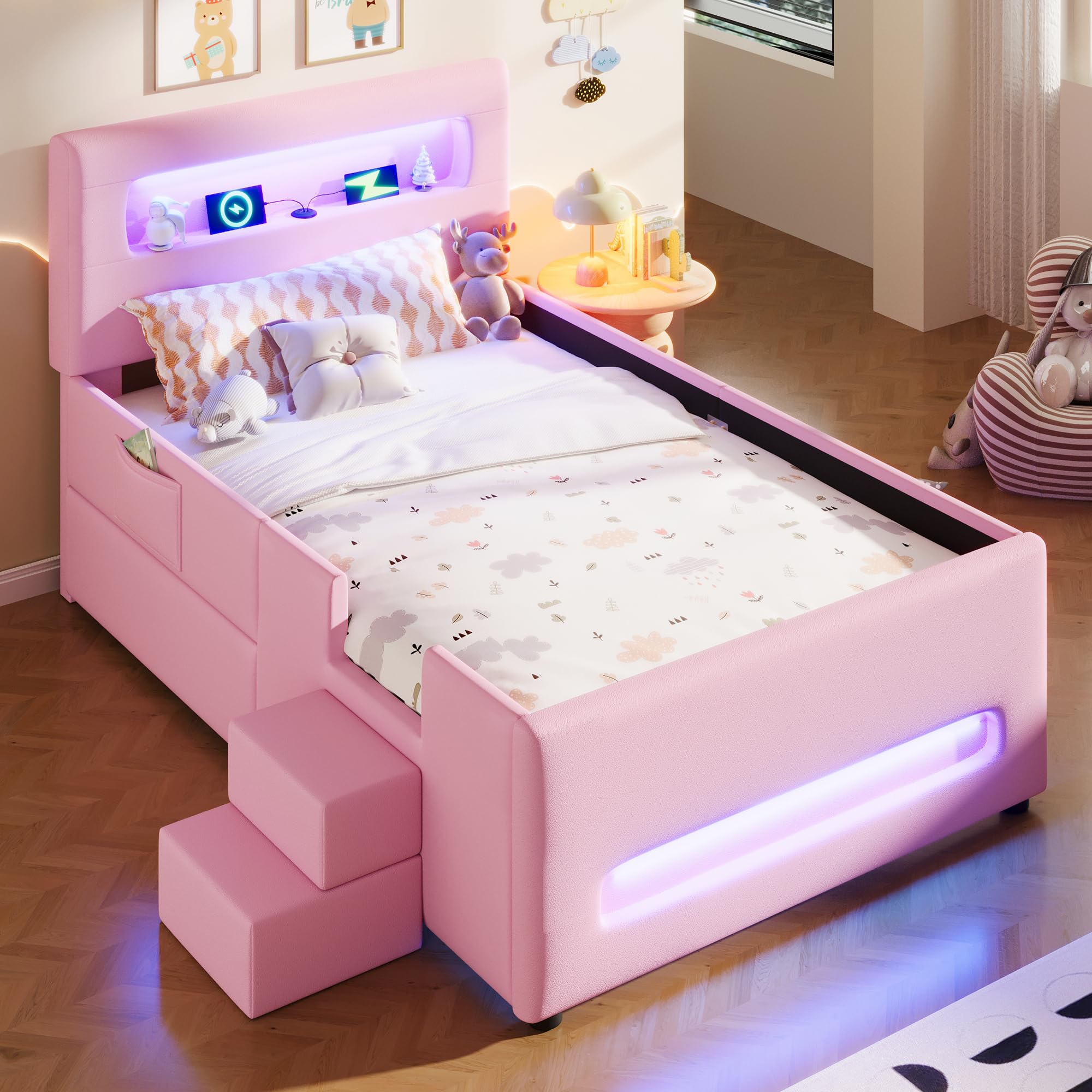 Letto a piattaforma imbottito (90 x 200 cm) con scale, cassetti, strisce luminose a LED e tasche portaoggetti (rosa)