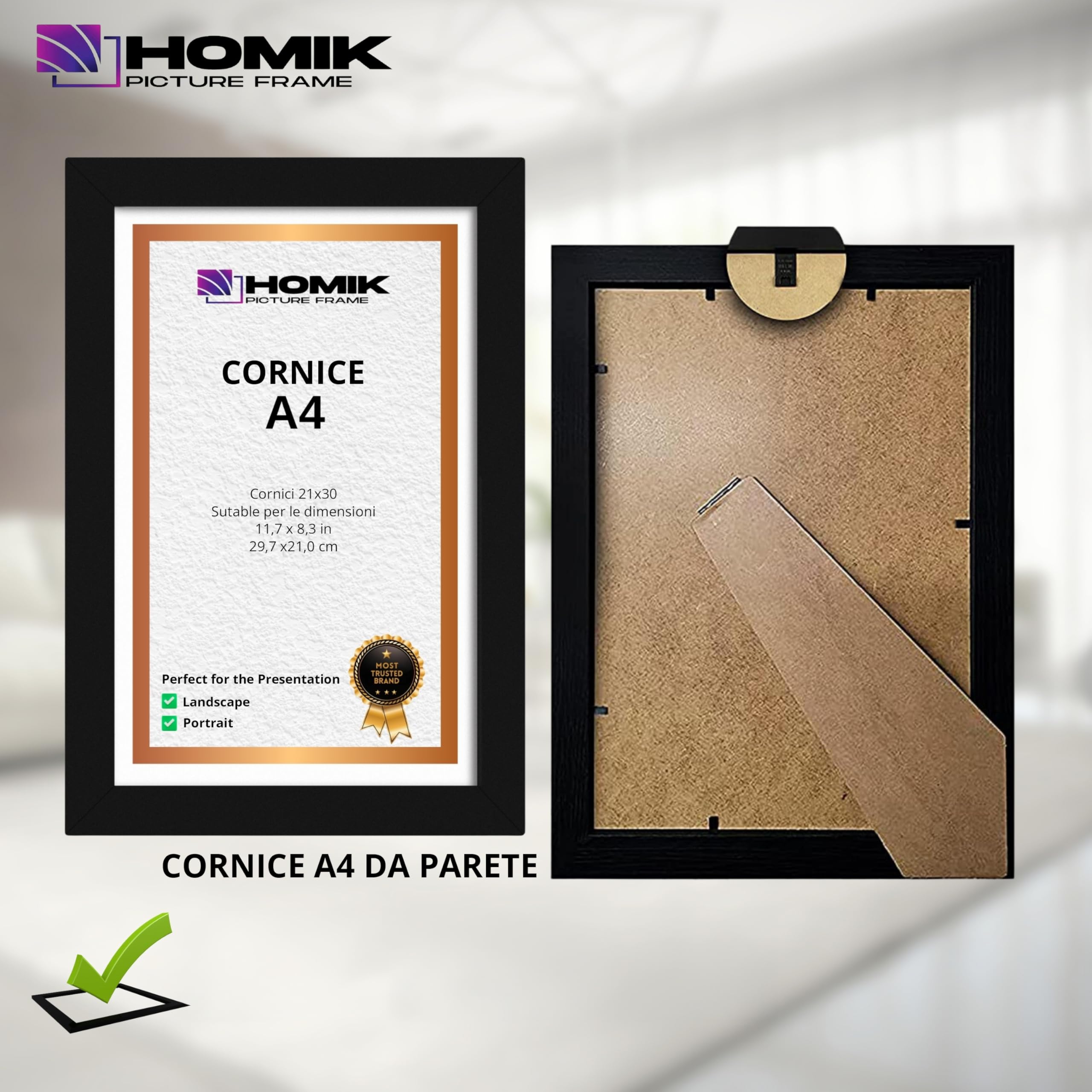 Cornice per Foto A4 | Con Vetro Acrilico Di Sicurezza - Portafoto in Vetro DIN A4 Nera per Decorazioni Interne | Ideale da Regalare e Appendere al Muro