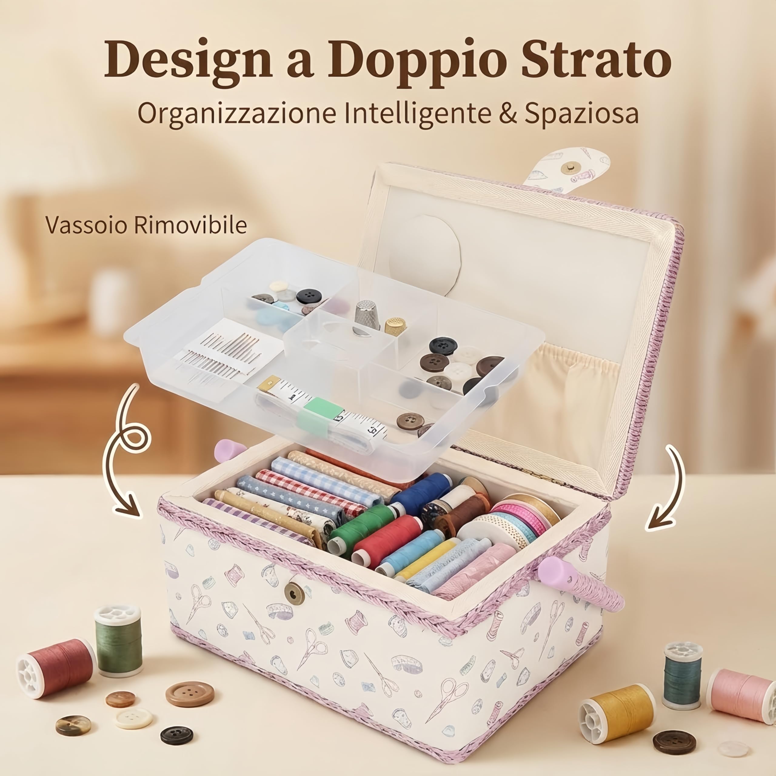 Cestino da Cucito Vintage con Manico - Scatola Portaoggetti in Tessuto con Vassoio Rimovibile, Organizer Kit Cucito Doppio Strato per Aghi e Fili (Fantasia Rosa)