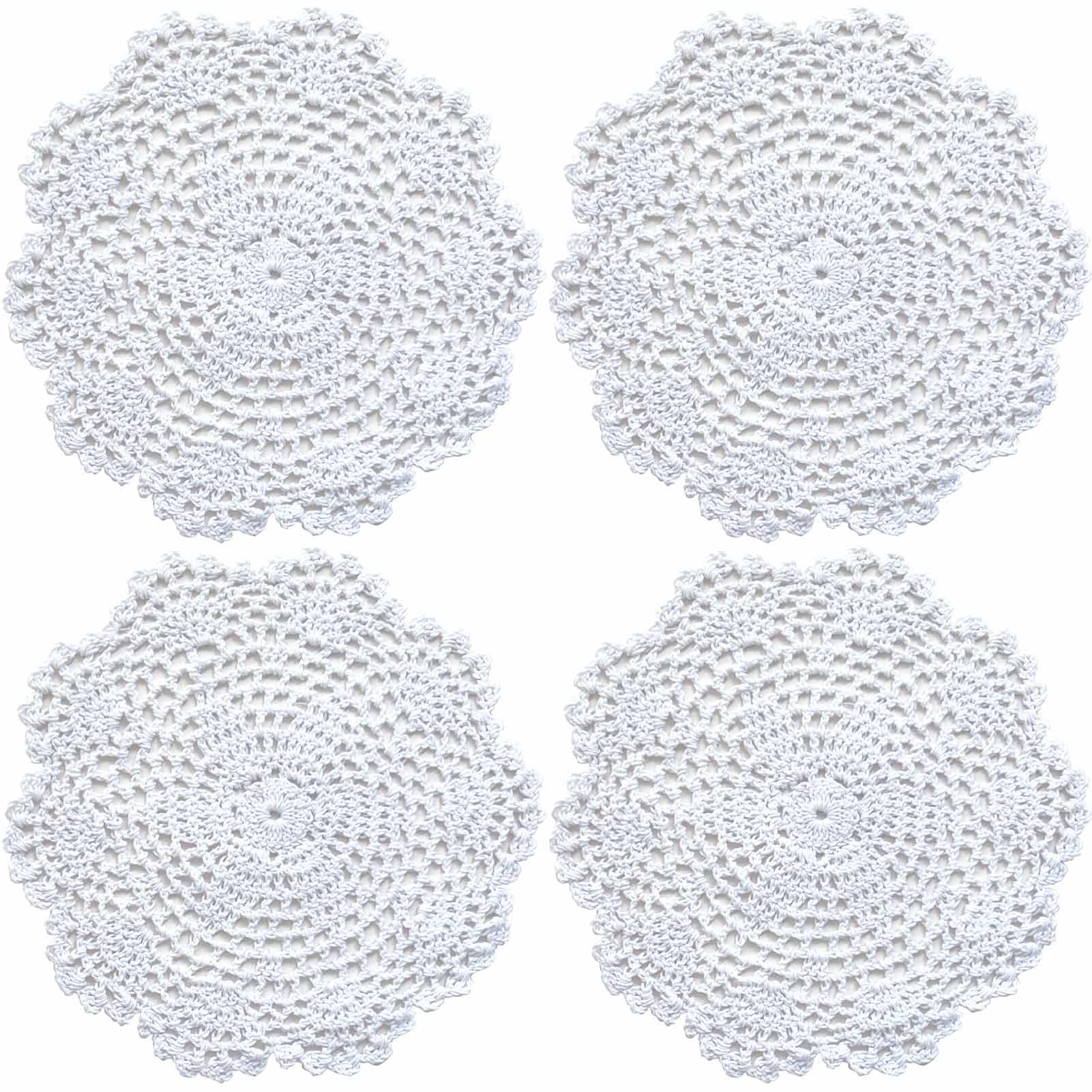 Round Placemats, White 8 Inch Crochet Doilies, 20cm Cotton Handmade Lace, 4 Pack for Vintage Home, Cup, Bowl Décor