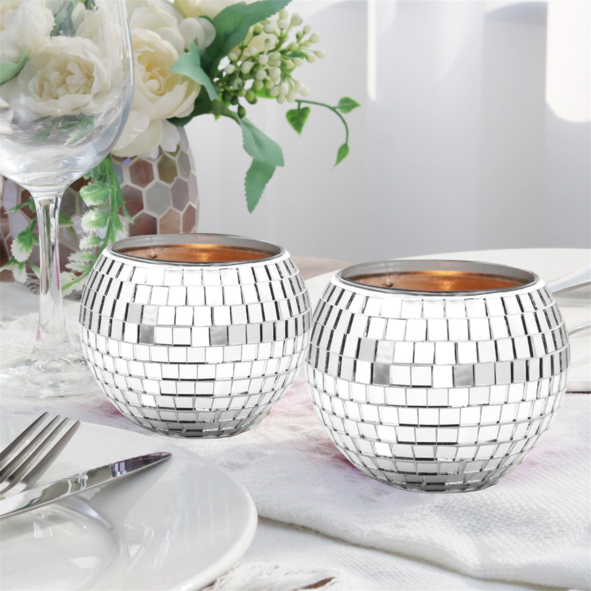 ROSEONE 6 unidades de bolas de discoteca, pequeñas bolas de discoteca, jarrón de bolas de discoteca, maceteros de cristal, decoración para fiestas, oficina, cocina (plata, 4 x 5 x 5 pulgadas)