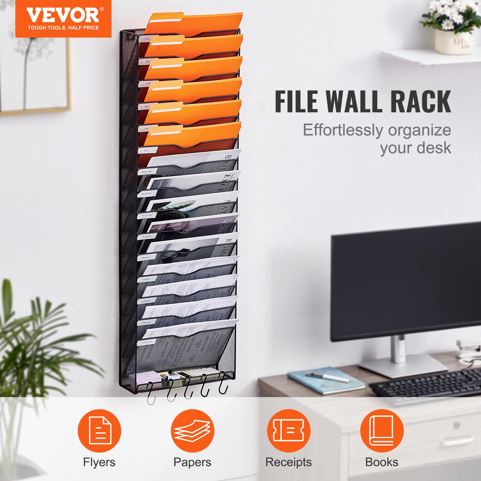 VEVOR Organiseur mural à suspendre - 16 niveaux - Support mural vertical en métal pour magazines, courrier et documents - Avec étiquette de nom, plateau plat inférieur - Pour bureau, maison et école