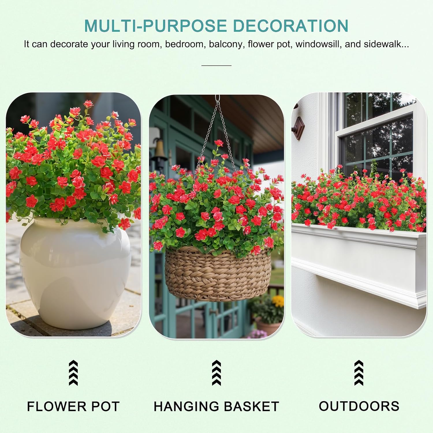 UV Resistant Artificial Flowers, Realistic Fake Bouquets for Outdoor Hanging Baskets, Weatherproof Faux Plants for Balcony Porch Garden No Fade No Maintenance (Red-10pack)