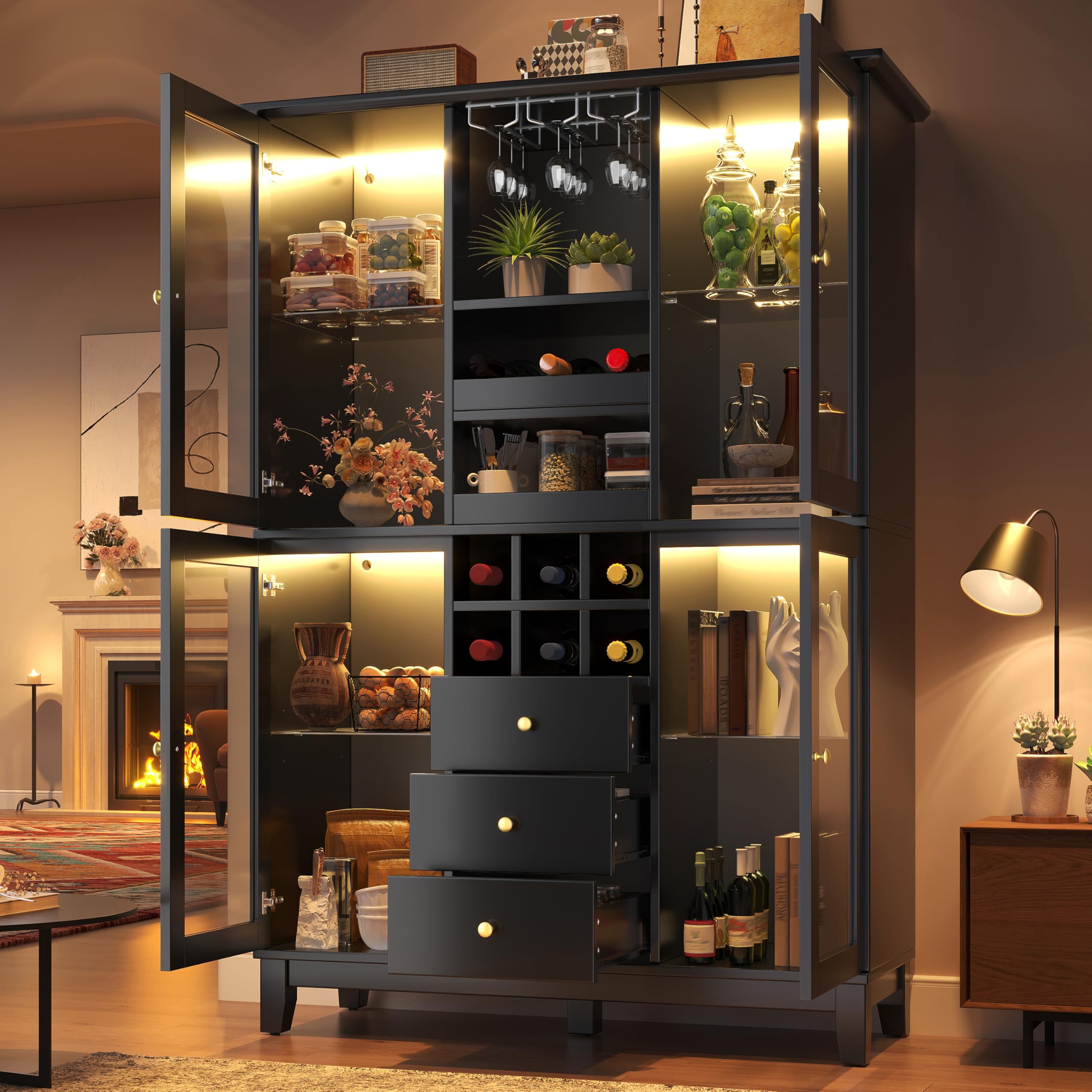 Weinschrank mit App-gesteuerter LED-Beleuchtung, 180,5x120x40 cm, Weinregal mit 3 Schubladen, Weinglas- & Flaschenhalter, Hausbar Weinbar, modernes Flaschenregal für Wohnzimmer & Esszimmer