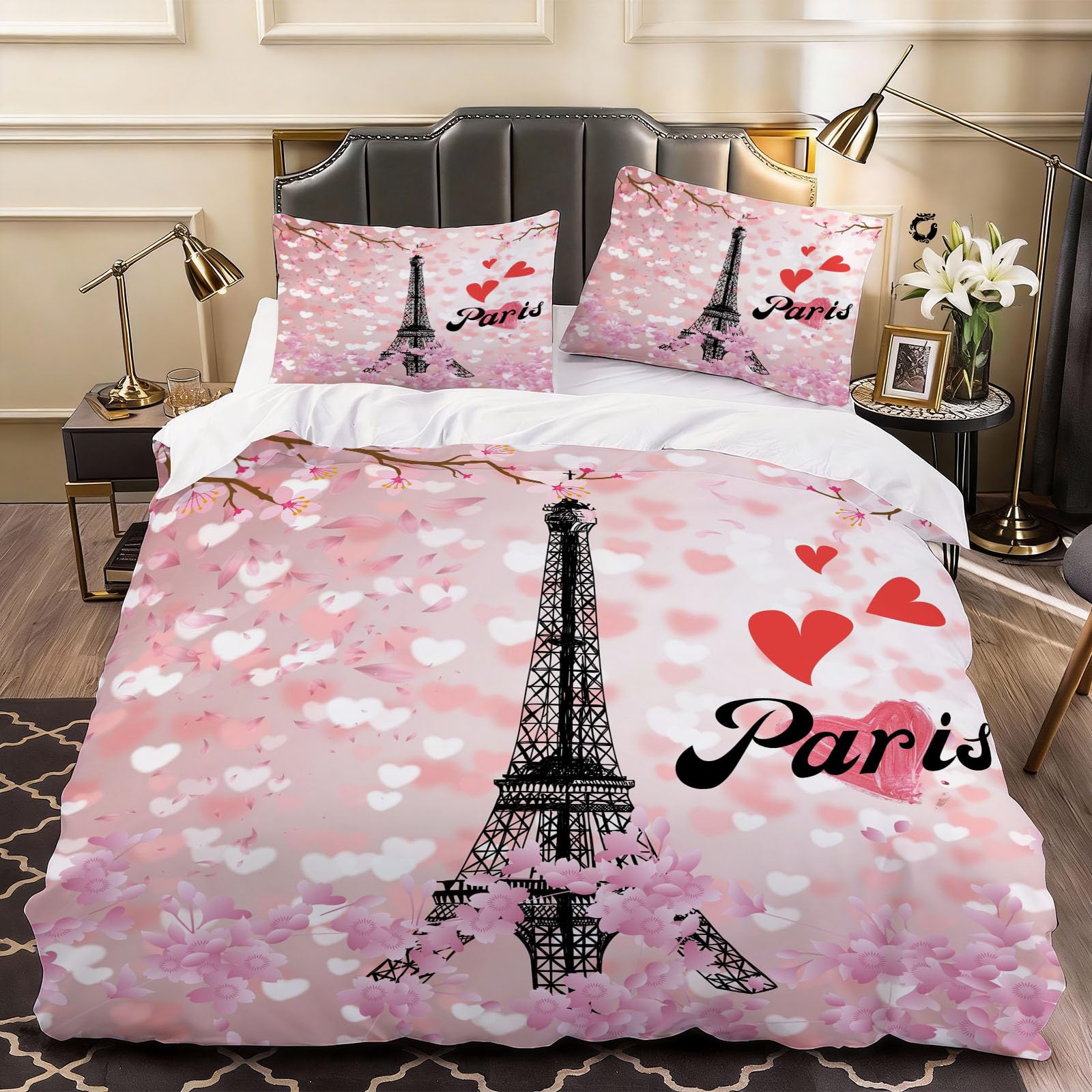 3D Paris Eiffel Tower Themed Duvet Cover Chic and Romantic Paris Bedding Single Bed Set, Soft Microfiber Comforter Cover Printed with Zipper Closure Quilt Coverr 135x200 cm and 2 Pillowcases