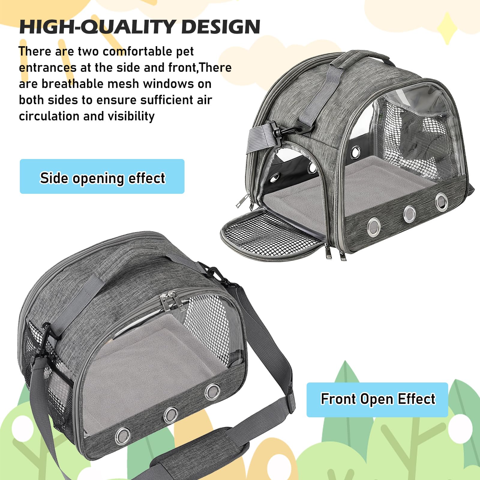 Petit sac de transport pour animaux de compagnie, petit animal, boîte de transport pour chat, avec ouverture latérale, sac de transport pliable, pour chatons, chiots, oiseaux (gris)