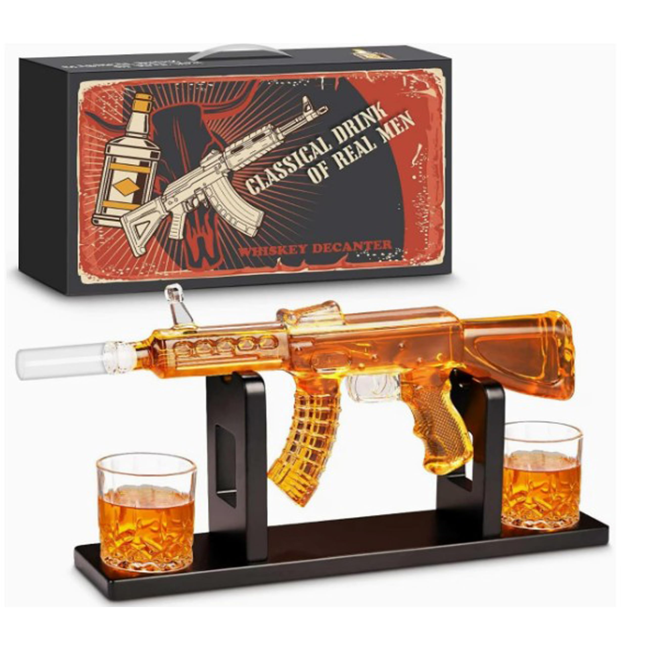 AK47 Kalaschnikow XXL - Juego de decantador de whisky (850 ml, jarra con 2 vasos de 225 ml, cristal y madera, forma de rifle sobre soporte de madera, hecho a mano), regalo para hombres, regalo del día