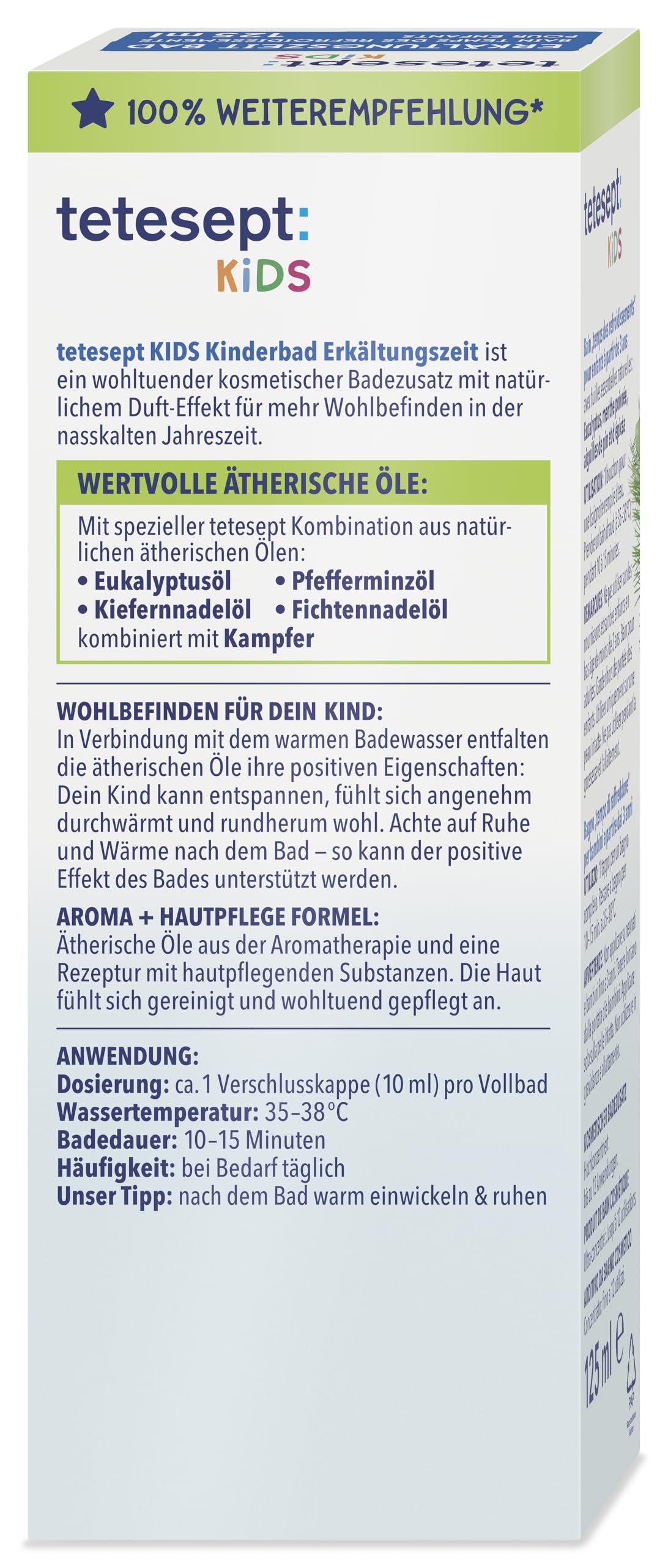 tetesept Kids - Baño de frío para niños – 1 x 125 ml – Baño infantil para la estación fría con 4 aceites esenciales – Aditivo de baño relajante y calmante