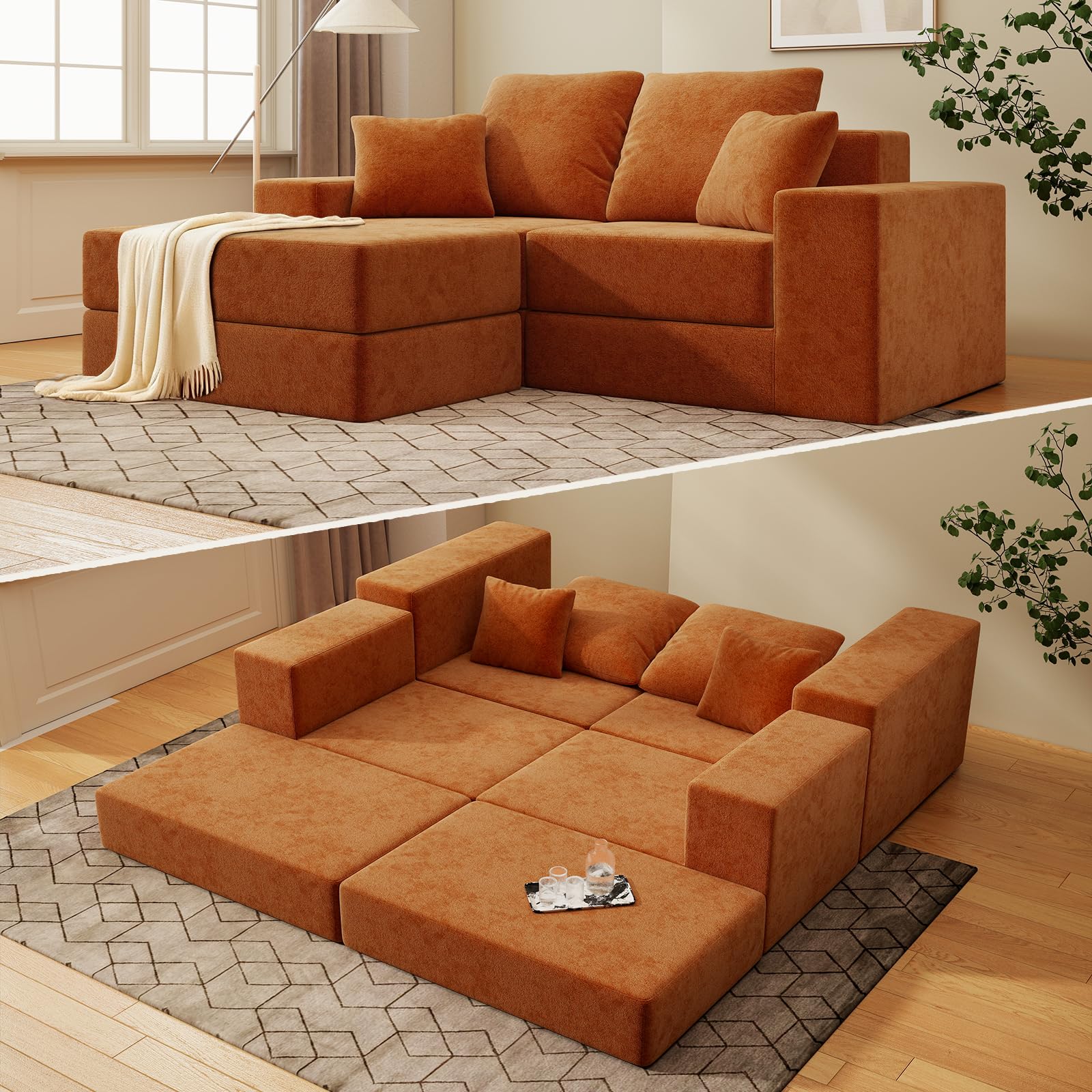 Living&Giving（WALKBON） Cloud Modular Sectional Sofa, Comfy Boneless Couch for Living Room, Modern L-Shaped Couch with Reversible Chaise, Customizable Sleeper Sofa with Non Slip, No Assembly & Deep Seat, Orange