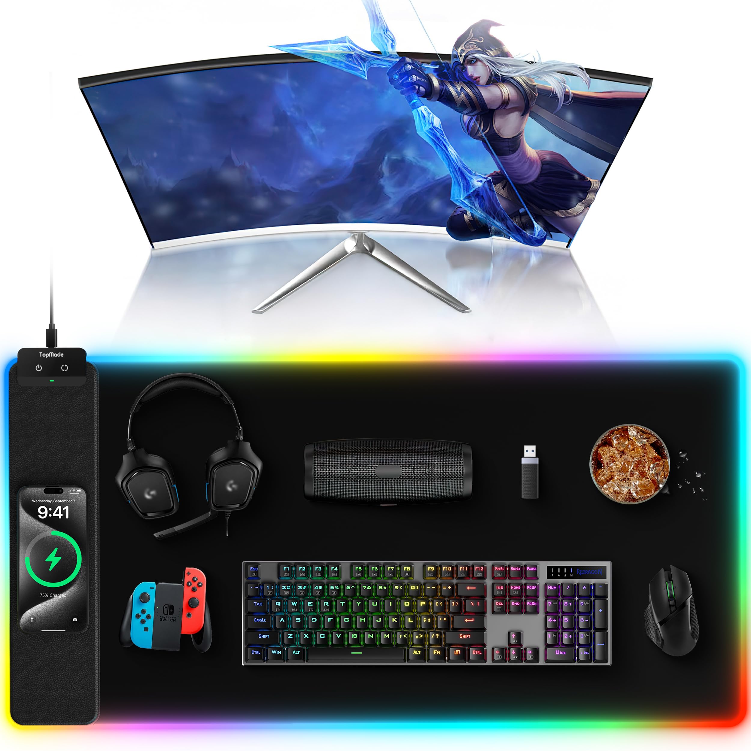TopMade - Alfombrilla de mouse de carga inalámbrica, para juegos RGB, para oficina en casa, con 13 modos de luz, superficie ultra húmeda, base de goma antideslizante, alfombrilla de computadora para