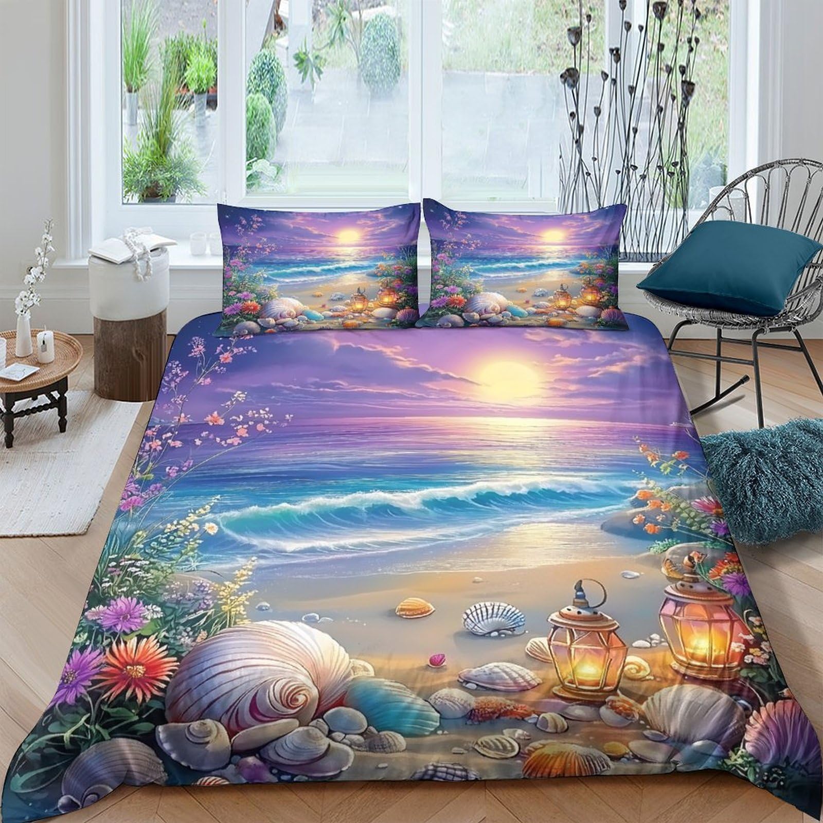 Ctjqhvkz Style-8 3D Printed Sunset Beach Fitted Sheet Microfiber Ocean Lantern Mattress Cover For Bedroom Guest Room Decoration Single（135X200cm）