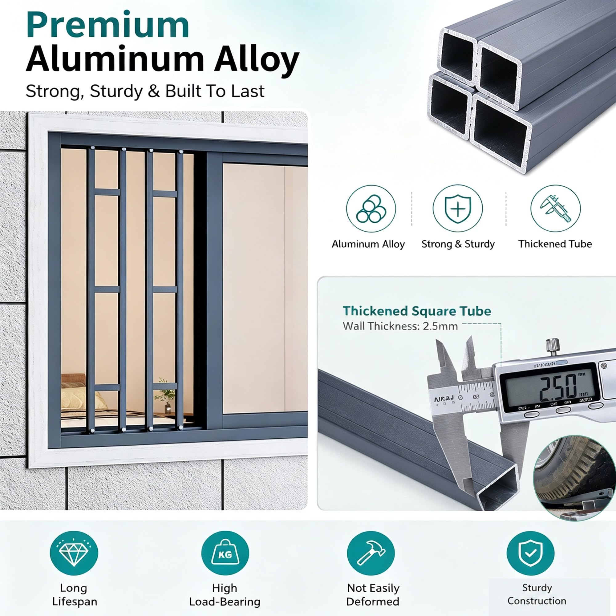Rejas para Ventanas Exteriores Rejas De Seguridad Para Ventanas Correderas De Altura Personalizada | Aluminio Resistente Al Óxido, Barrera De Seguridad Interior Extraíble, Sin Perforaciones, Protector(A,48cm/19.2in)