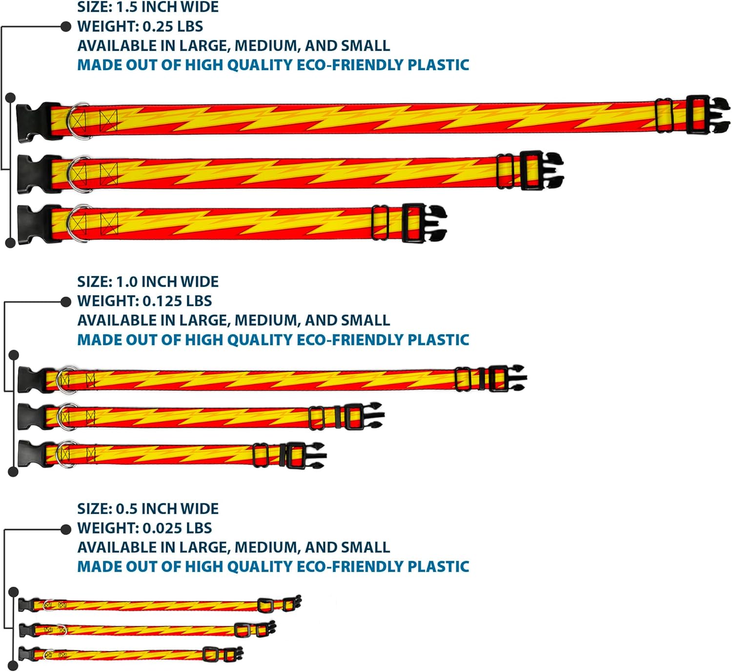 Dog Collar Plastic Clip The Flash Bolt Stripe Reds Yellows 16 to 23 Inches 1.5 Inch Wide