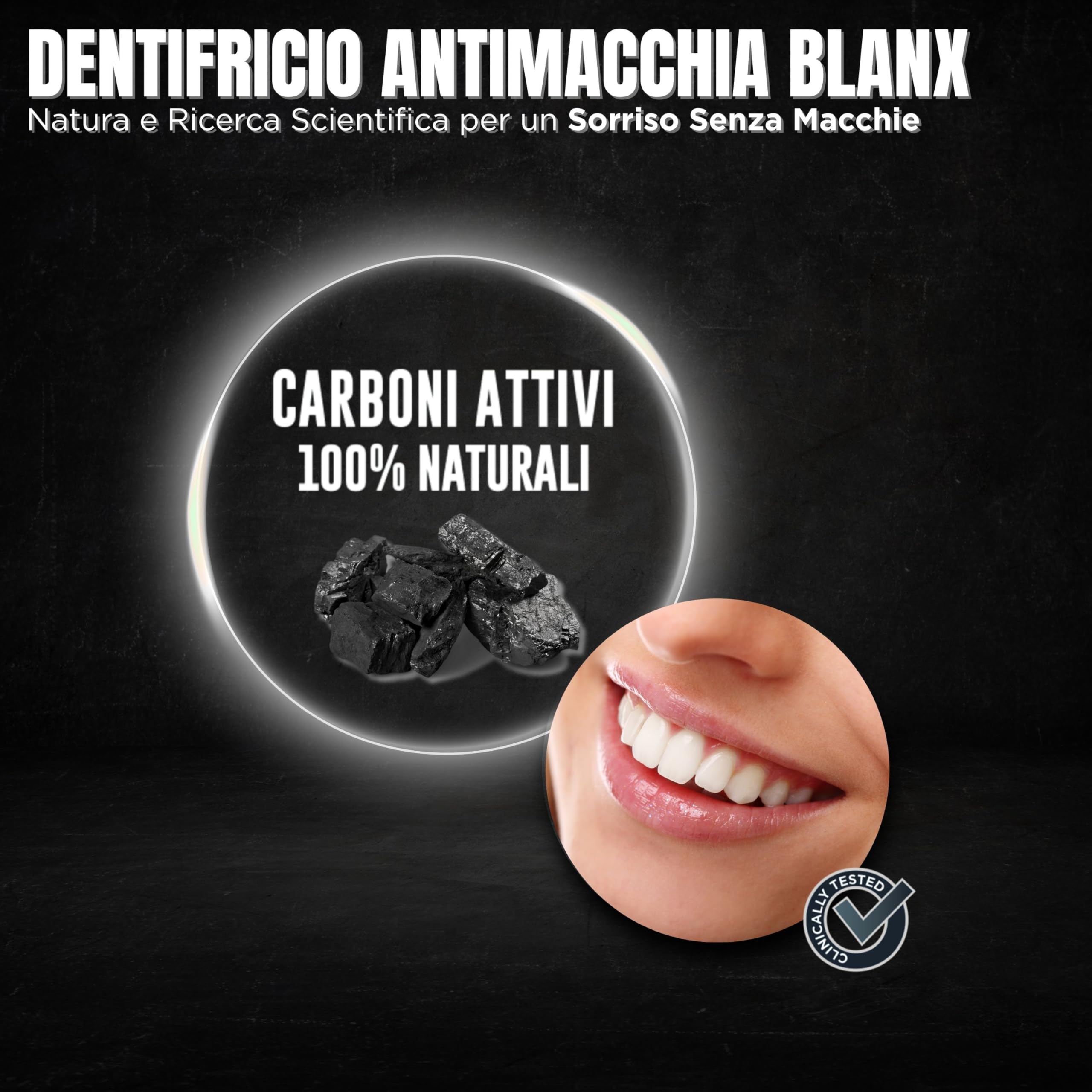 BlanX, Dentifricio Black, Dentifricio Sbiancante e Antimacchia, Con Carboni Attivi e Licheni Islandici 100% Naturali, Rimuove Macchie da Caffè Fumo e Tè, Vegan Friendly, 12x75ml