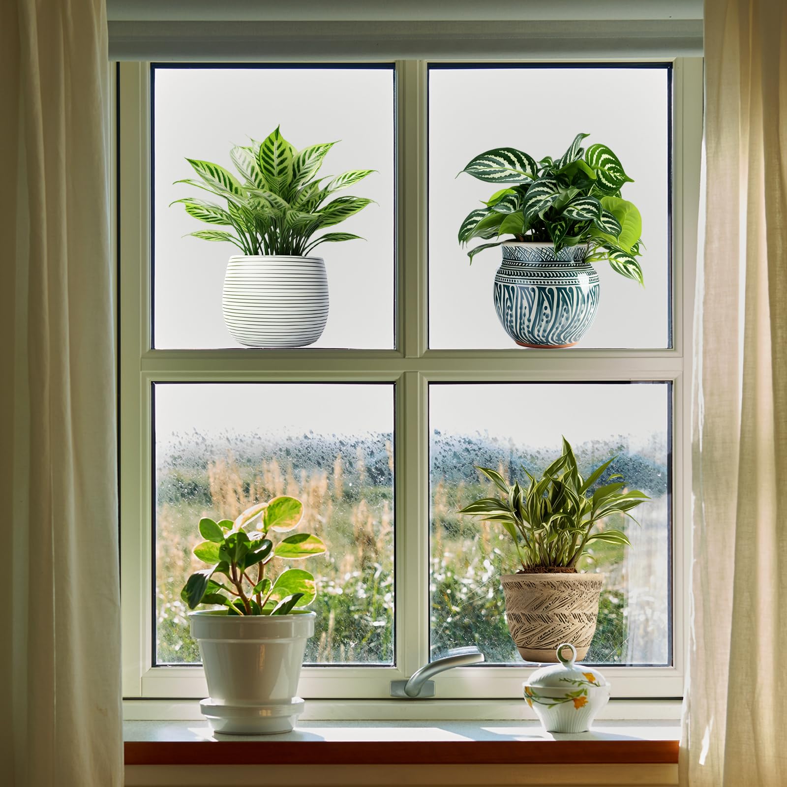 Tanlaby Pflanzen Topf Fensterbilder Sommer Frühling Fensteraufkleber Tropische Grüne Topfpflanze Fenstersticker Anti-Kollision Glas Fenster Glastüren Fensterdeko Küche