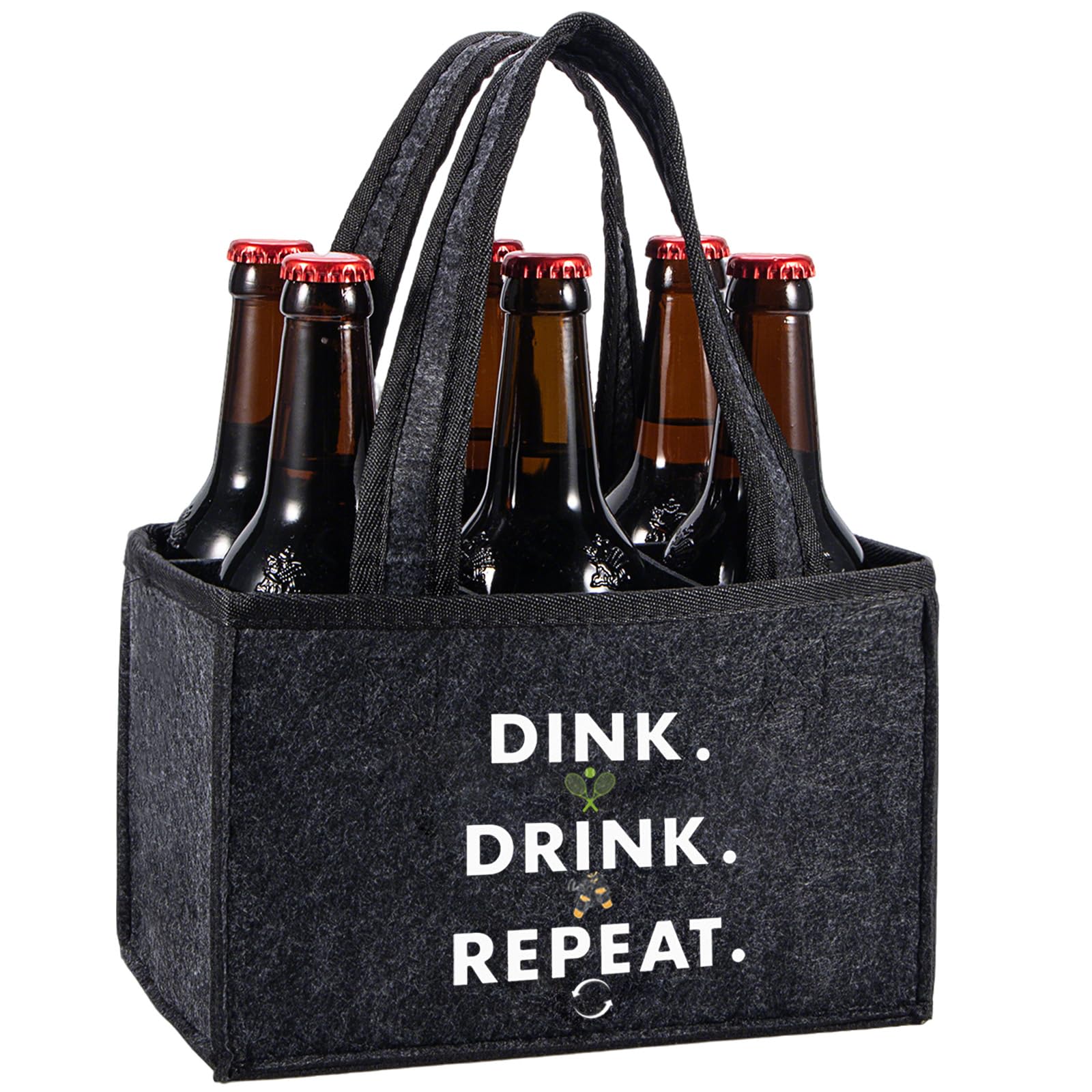 KHstylehoo Funny Pickleball Gifts for Men & Dad - Dink Drink Repeat, 6 Bottle Beer Carrier Caddy, Reusable Felt Tote Bag for Pickleball Lovers, Birthday Christmas Gift for Him Her