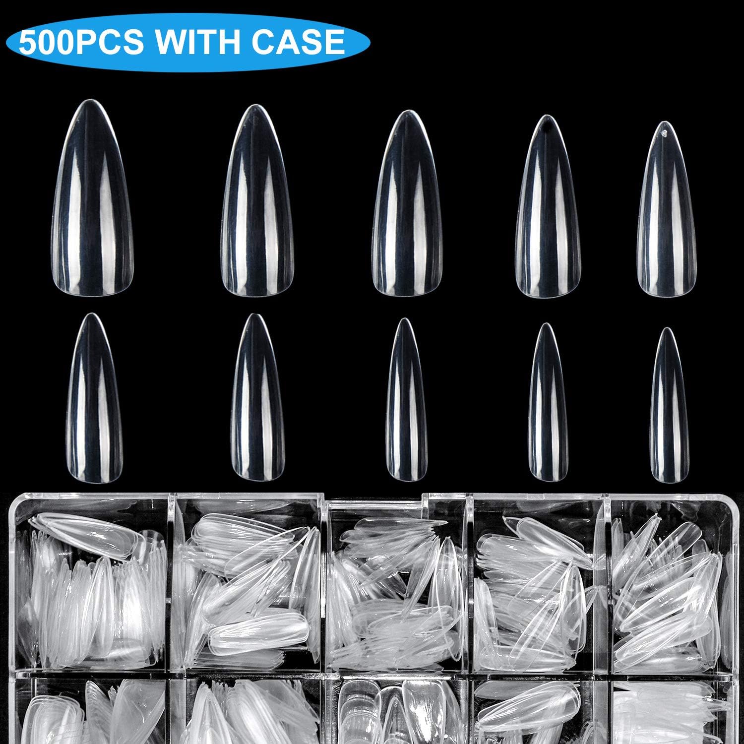 Stiletto Nails Clear Long Sharp Fake Nails INFELING Full Cover False Acrylic Nails 500pcs with Case for Nail Salons,10 Sizes