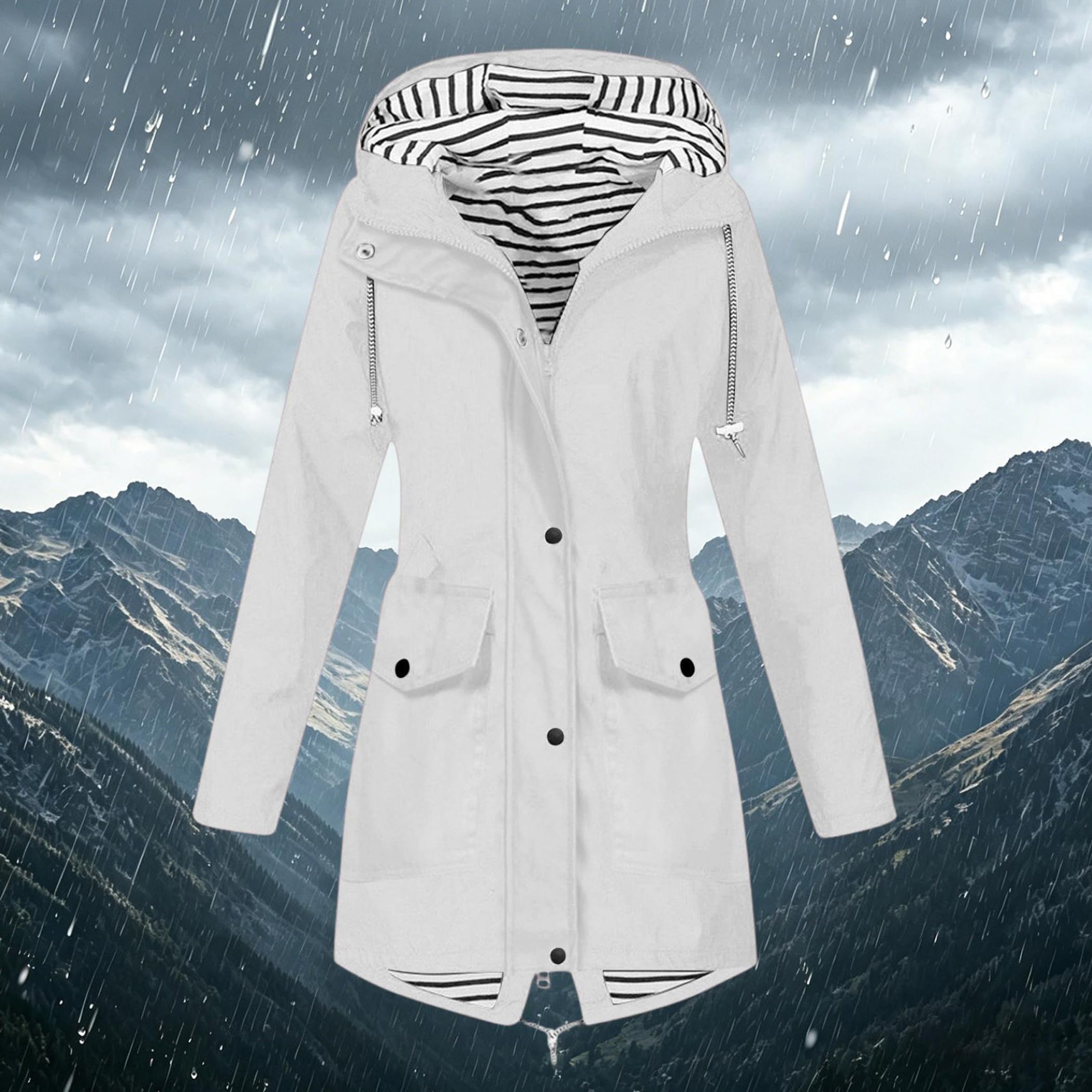 Veste Femme Imperméable Coupe-Vent Manches Longues Capuche Mi-Longue Poches