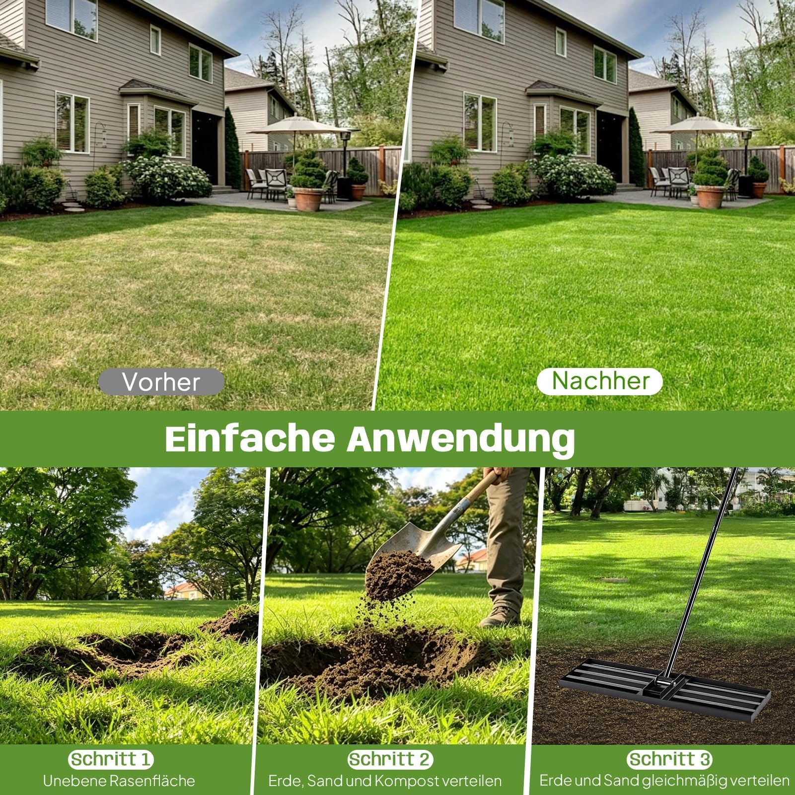 Nivelador de césped con mango regulable de 200 cm, rastrillo de nivelación de césped de 76 x 25 cm, de acero al carbono, rastrillo de césped para nivelar para jardín, patio y cuidado del césped