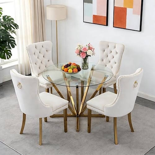 Miniatura 22 de Juego de mesa de comedor de cristal negro de lujo moderno de 45 pulgadas para 6, 7 piezas redondas de vidrio templado para cocina y comedor con Mesa