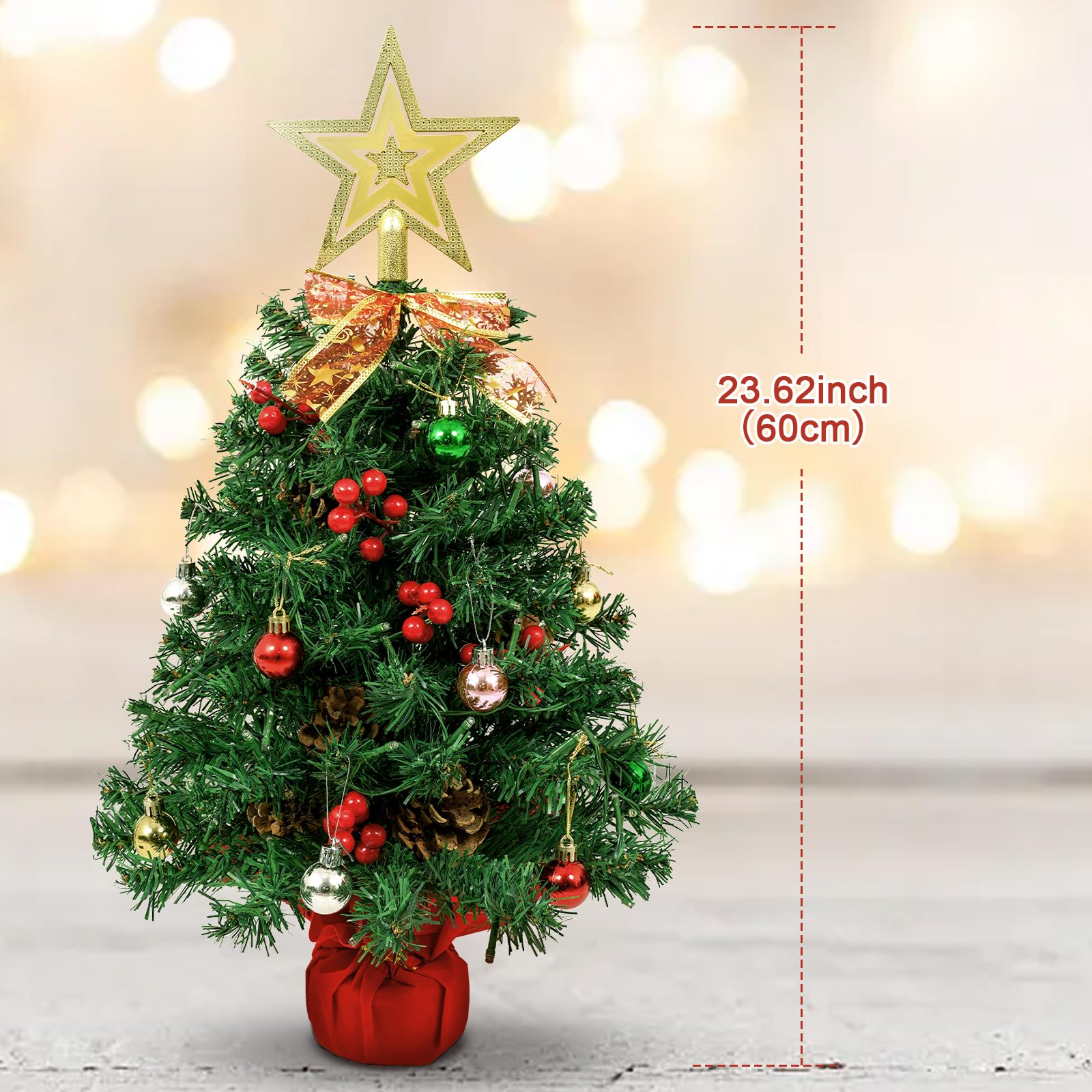 Uten 2ft/60cm Mini Christmas Tree, Tabletop Christmas Tree with 50 LED Light String, 6 Groups Red Berries & 6 Pinecones - Image 3