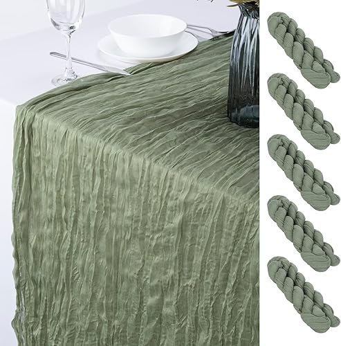 Miniatura 1 de Winknowl Paquete de 5 caminos de mesa de estopa, 35 x 120 pulgadas de largo, color azul polvoriento, bohemio, de gasa, rústico, romántico,