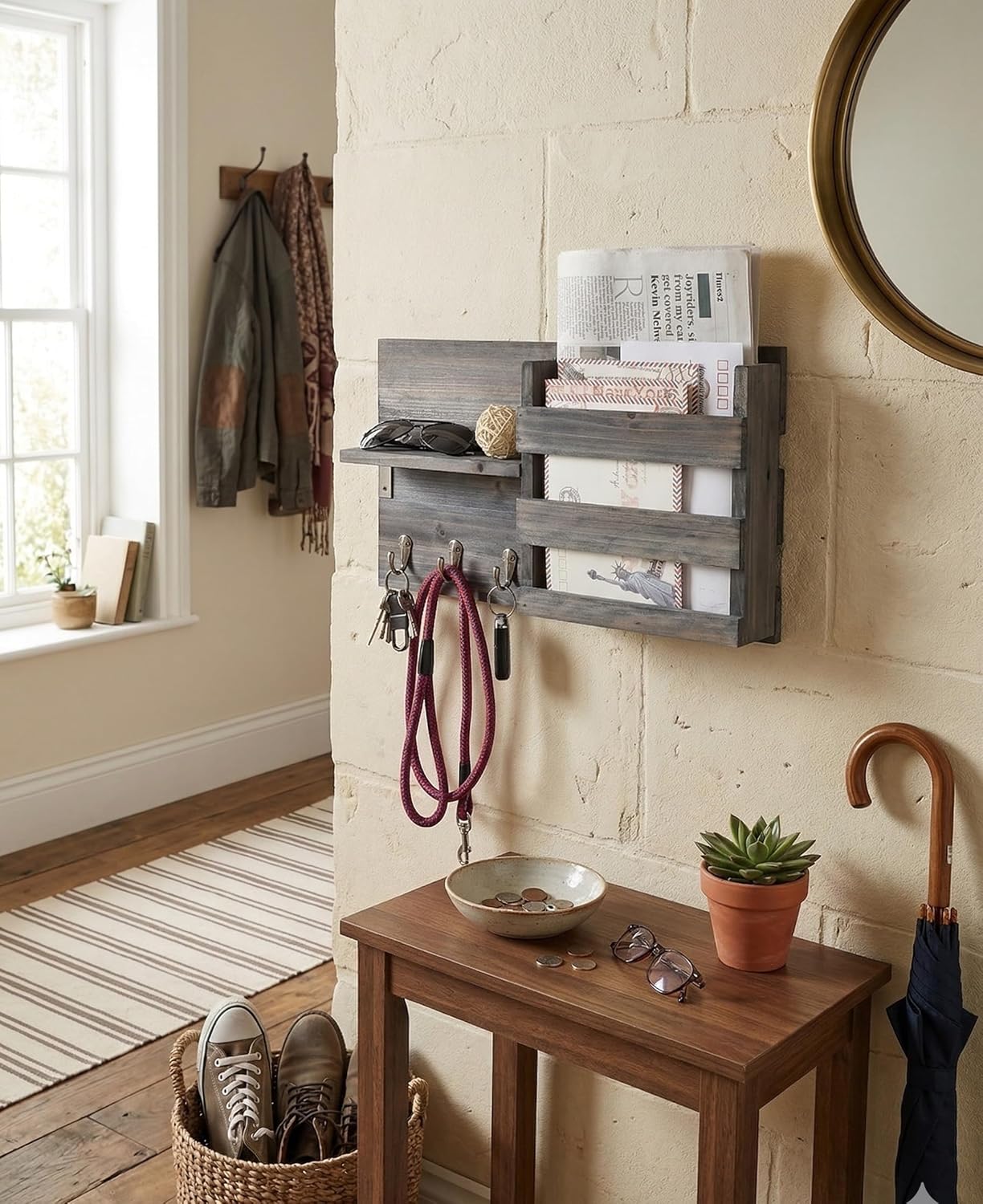 Spiretro Wall-Mounted Key Holder Hooks - Rustic Wood Weathered Grey & Black - Entryway Organizer for Mail, Leashes, and Purses - Floating Shelf, 16.5” W x 9.75" H x 4.5” D