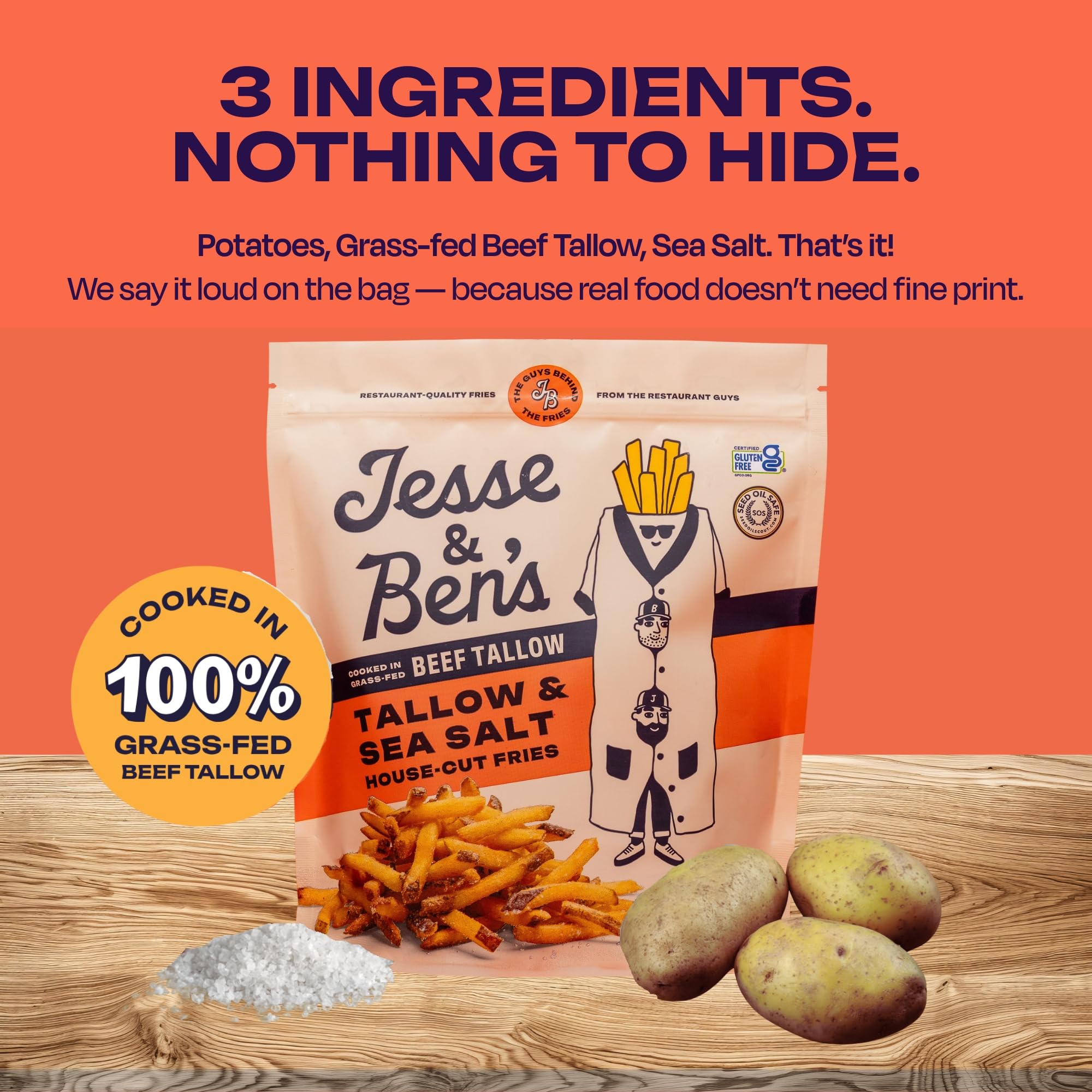 Jesse Bens House-Cut Tallow Sea Salt Fries Made with Grass-Fed Beef Tallow Gluten-Free Non-GMO Frozen Potatoes Healthy Snack — view 5