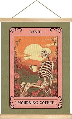 You found a duck Arte de pared de esqueleto de tarot de café de luto, póster de lino gótico con rosas retro y puesta de sol, decoración de academia