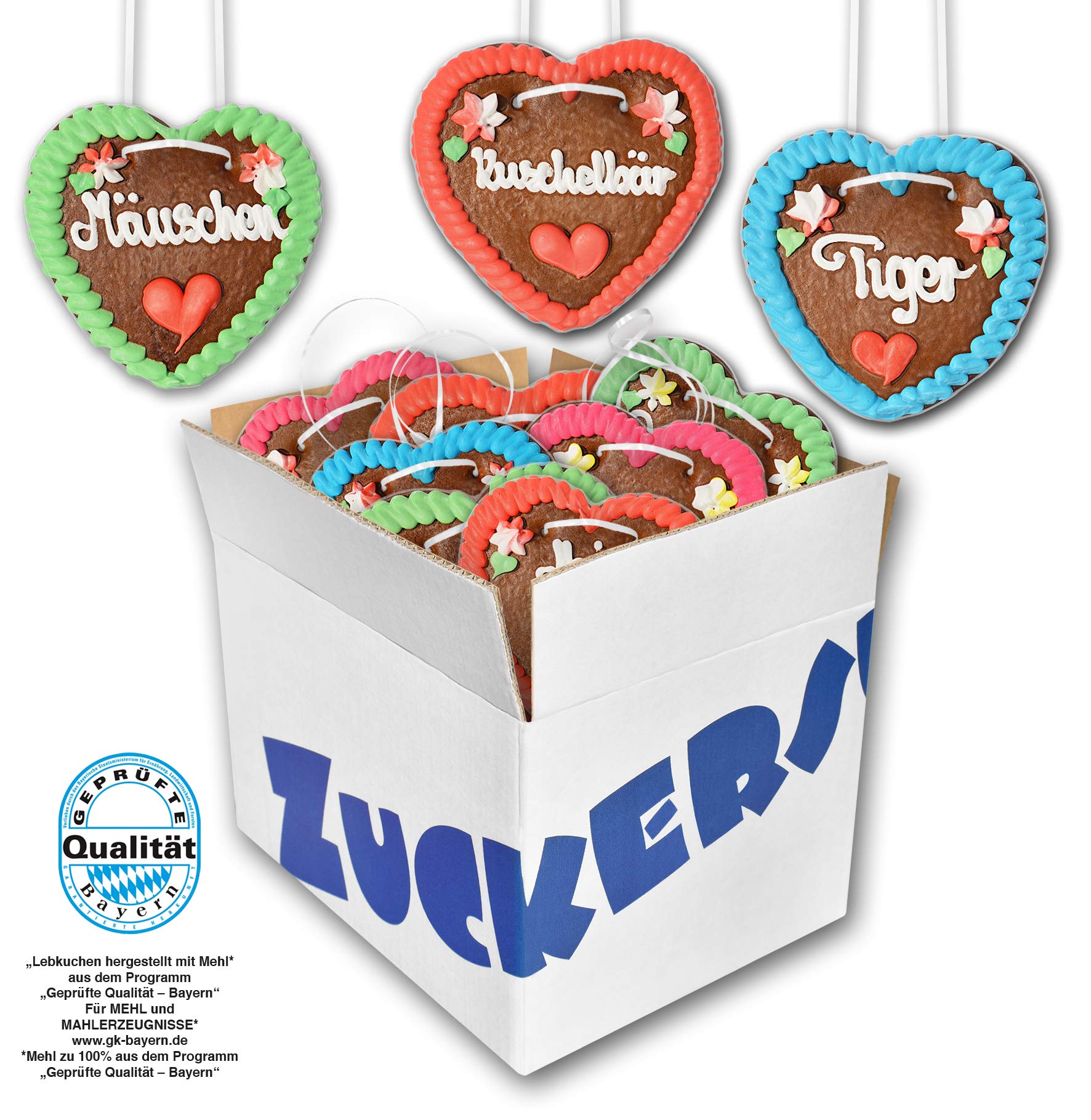 Lebkuchenherzen 20 Stück mit verschiedenen Kosenamen- Sprüchen 14cm groß. Original frische Oktoberfestlebkuchenherzen aus München. Lebkuchen Herzen günstig kaufen | Konditorei Zuckersucht