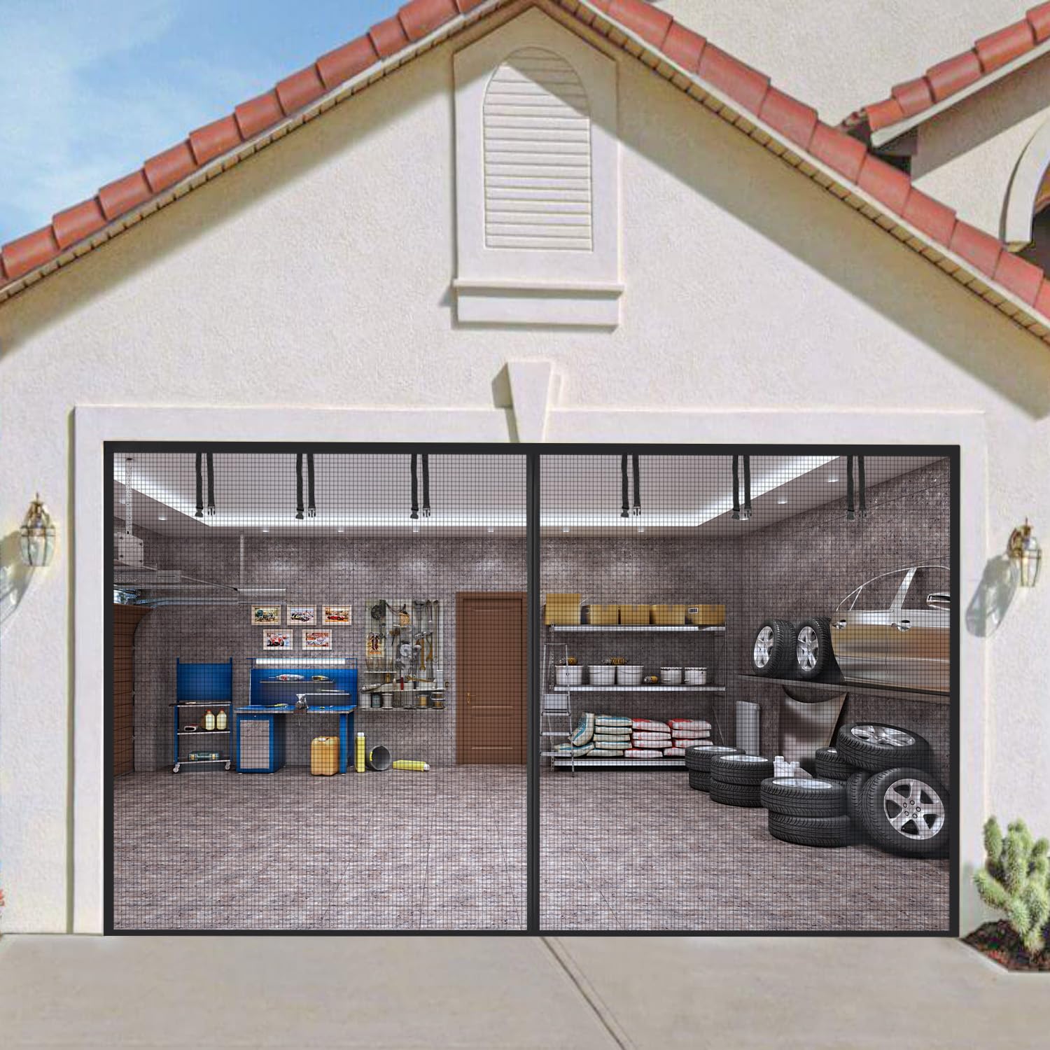 PIGETALE Garage Door Screen for 2 Car 16x7FT, Magnetic Closure Heavy Duty Garage Screen Doors Hands Free with 6 Roll Up Starps for Patio, Retractable