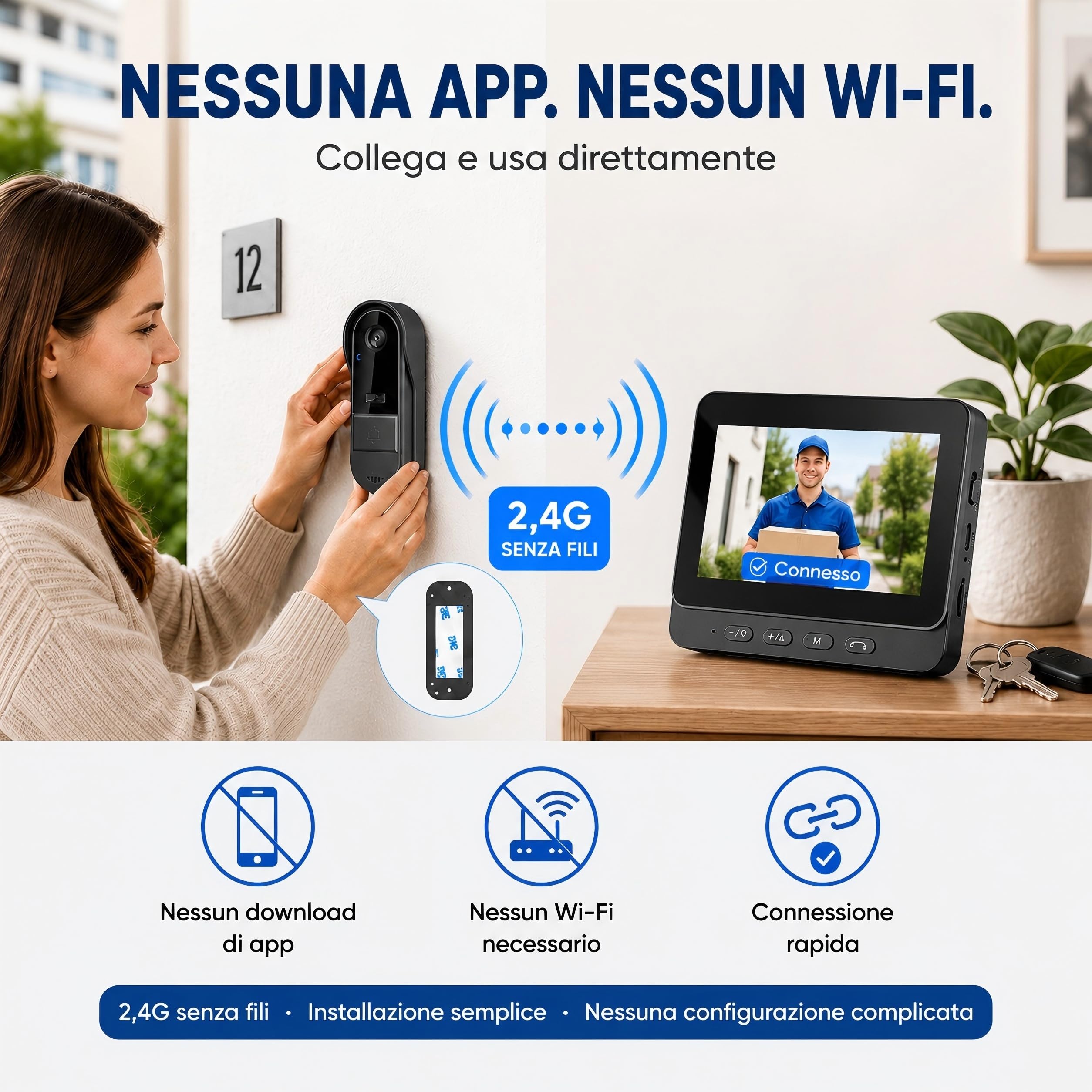 1080P Campanello Senza Fili da Esterno con Monitor IPS 4.3'', Bluetooth 2.4G, Telecamera HD 170° Grandangolare, Audio Bidirezionale Citofono Videocitofono Senza Fili da Esterno con IP67 Impermeabile