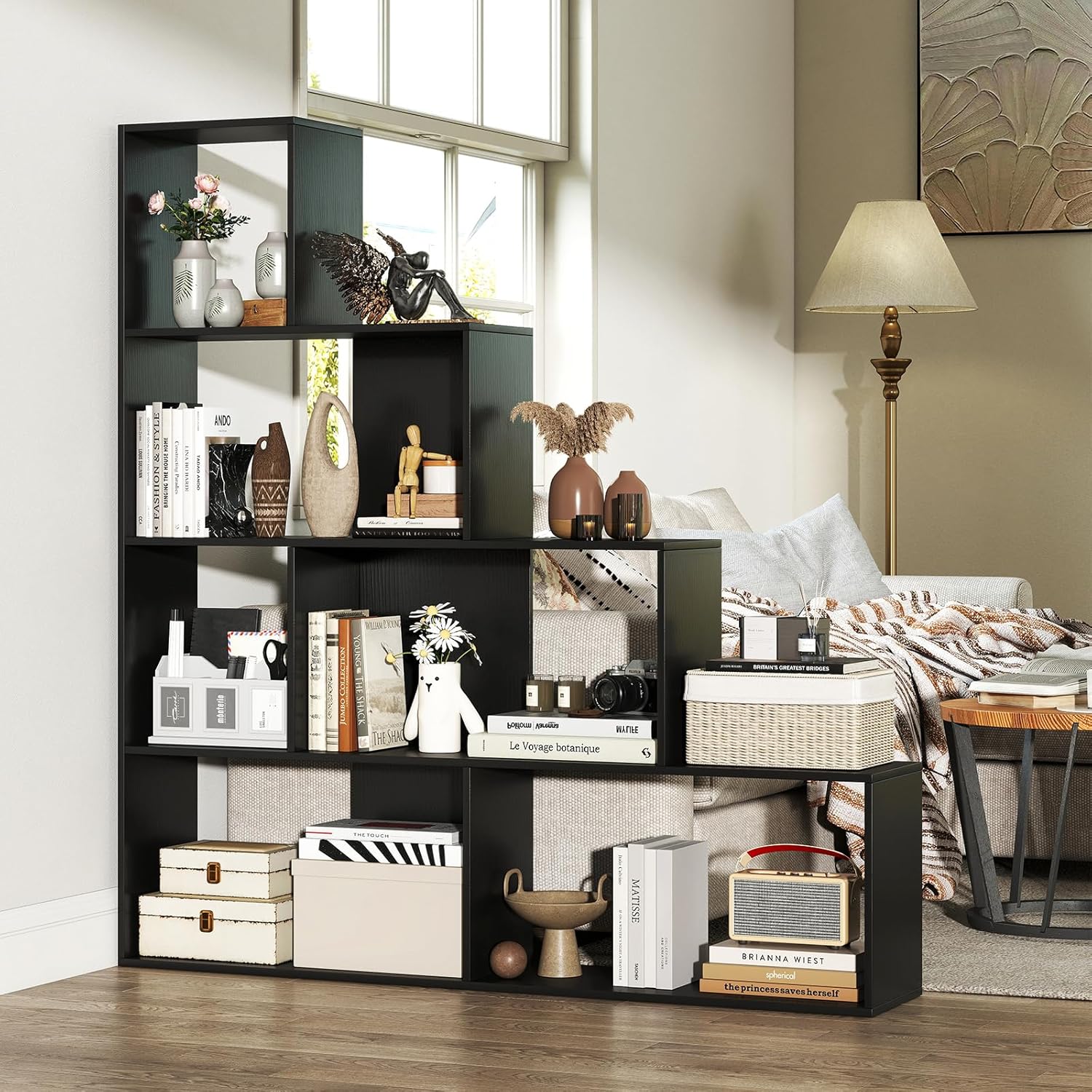 Giantex 6 Cube Geometric Bookshelf, 4-Tier L-Shaped Bookcase with Cubes, Freestanding Ladder Corner Display Shelf w/Anti-Toppling Kits, Modern Etagere Bookshelf for Living Room, Bedroom (Black)