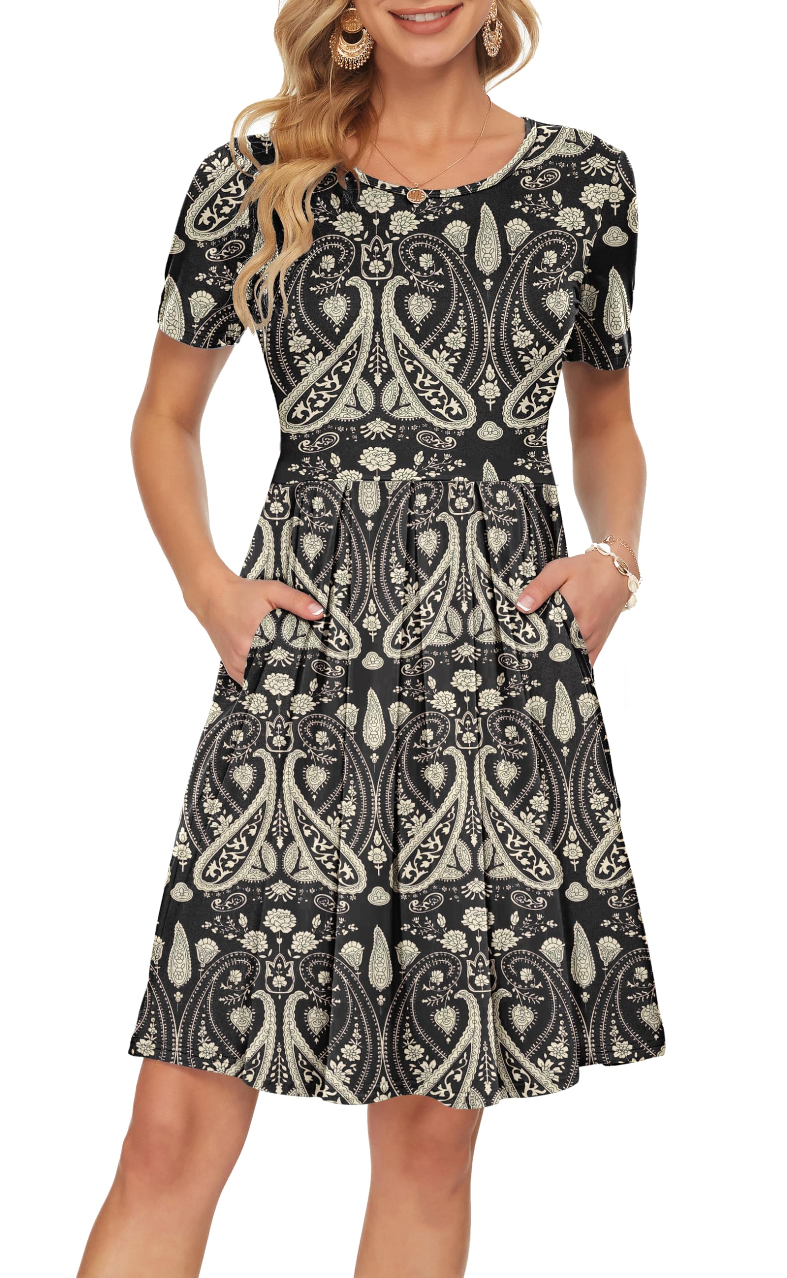 Auselily Women's Boho Floral Black Summer Dresses For Casual Short Sleeve Pleated Loose Swing With Pockets Knee Length Xl