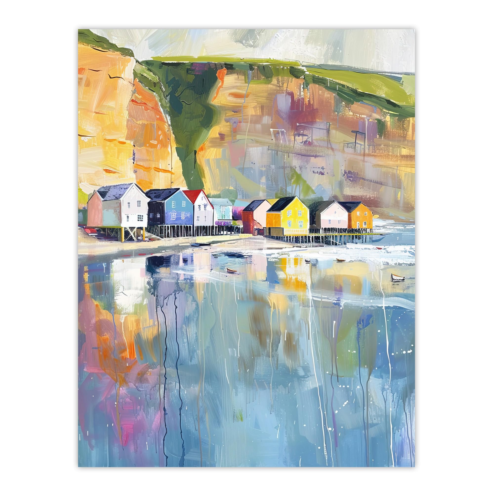 Artery8 Wall Art Print - Cliffside Beach Chalets Painting - Blue - W18" x H24"