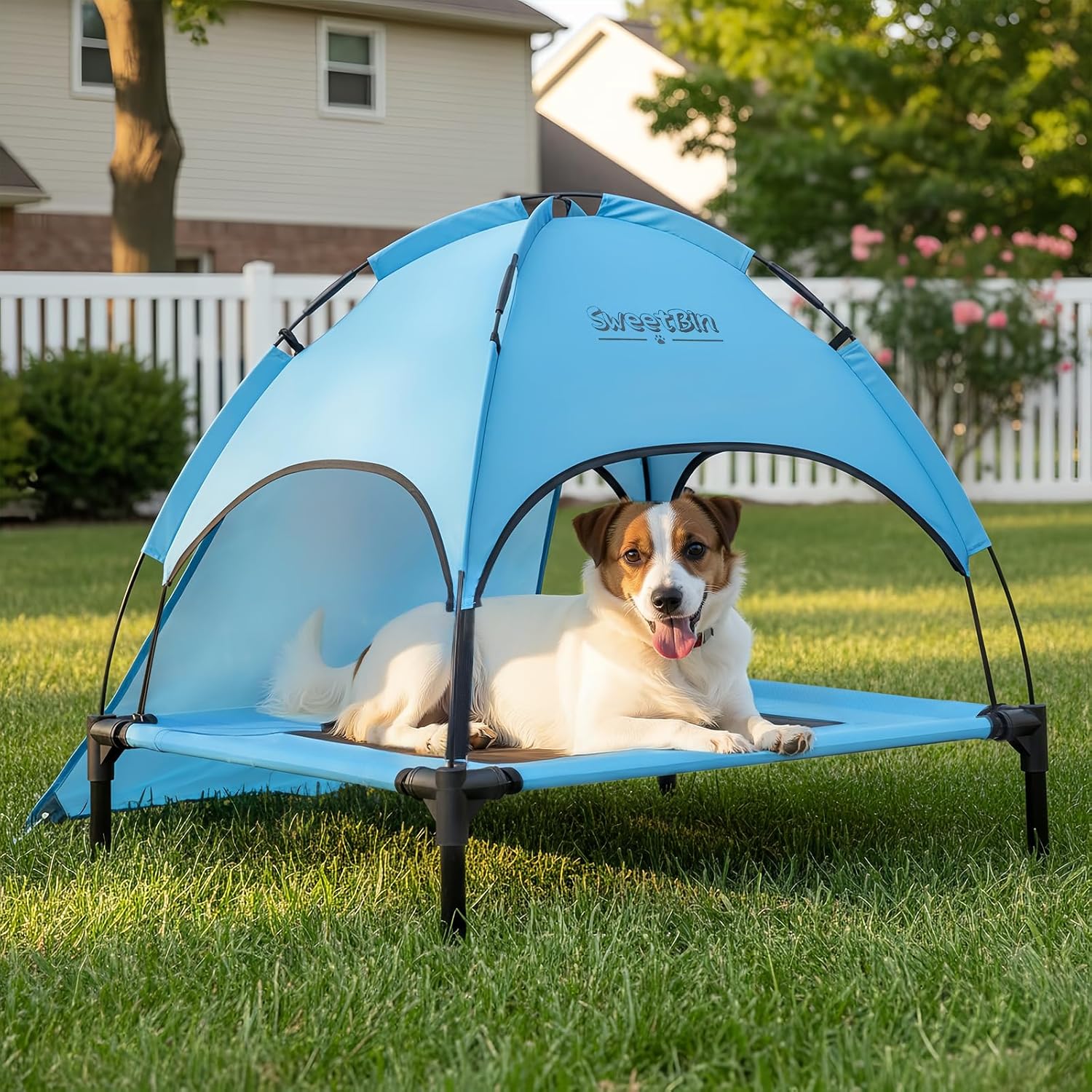 S/M/L Outdoor Elevated Dog Cot with Canopy & Side Shade for Camping Small Medium Dogs (Carry Bag), Portable Cooling Raised Dog Bed