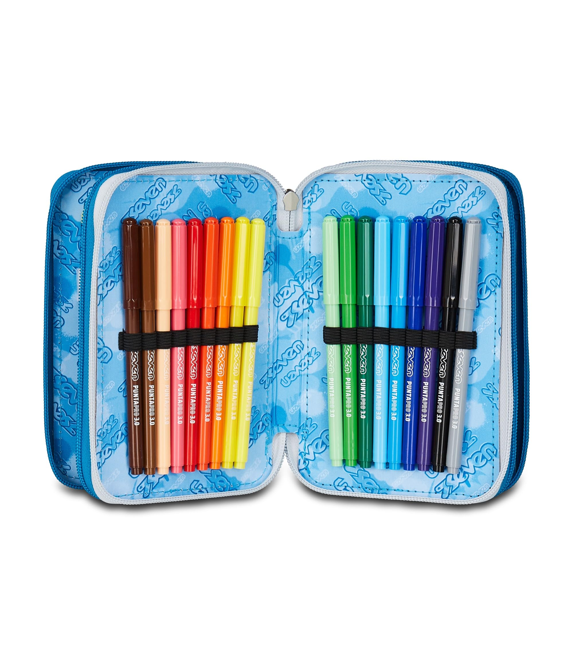 Seven Astuccio Scuola 3 Zip Portapenne Triplo Scomparto Grigio Azzurro