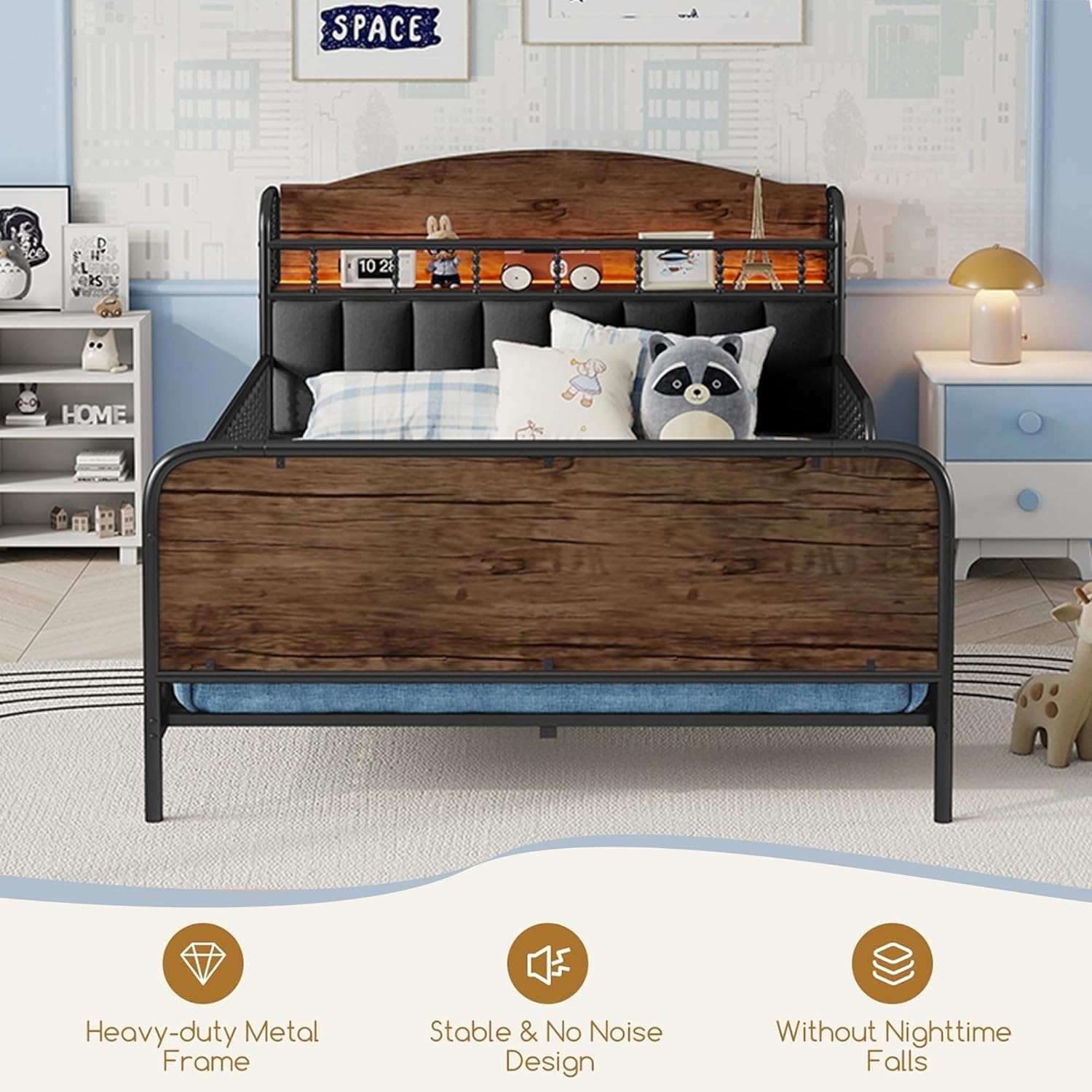 Full Size Kids Bed with Rails and Upholstered Storage Headboard, Metal Montessori Bed Frame with Led Lights, Modern Low Platform Bed with Slats Support for Girls Boys,Black