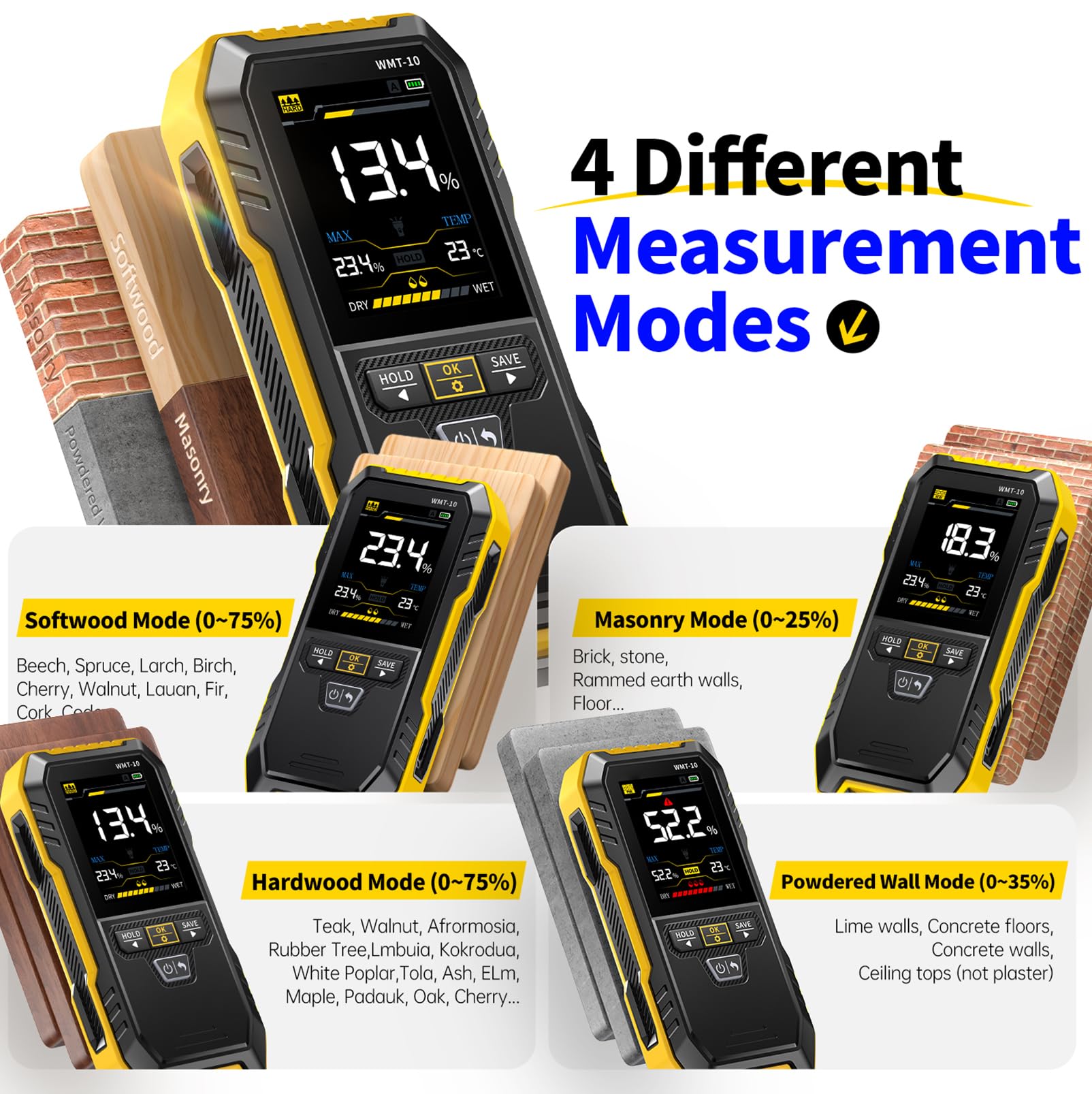 DeWin WMT-10 Humidimètre for Bois, Testeur d'humidité for Bâtiment en béton de Bois, Prise en Charge de la Sauvegarde et de l'enregistrement des données