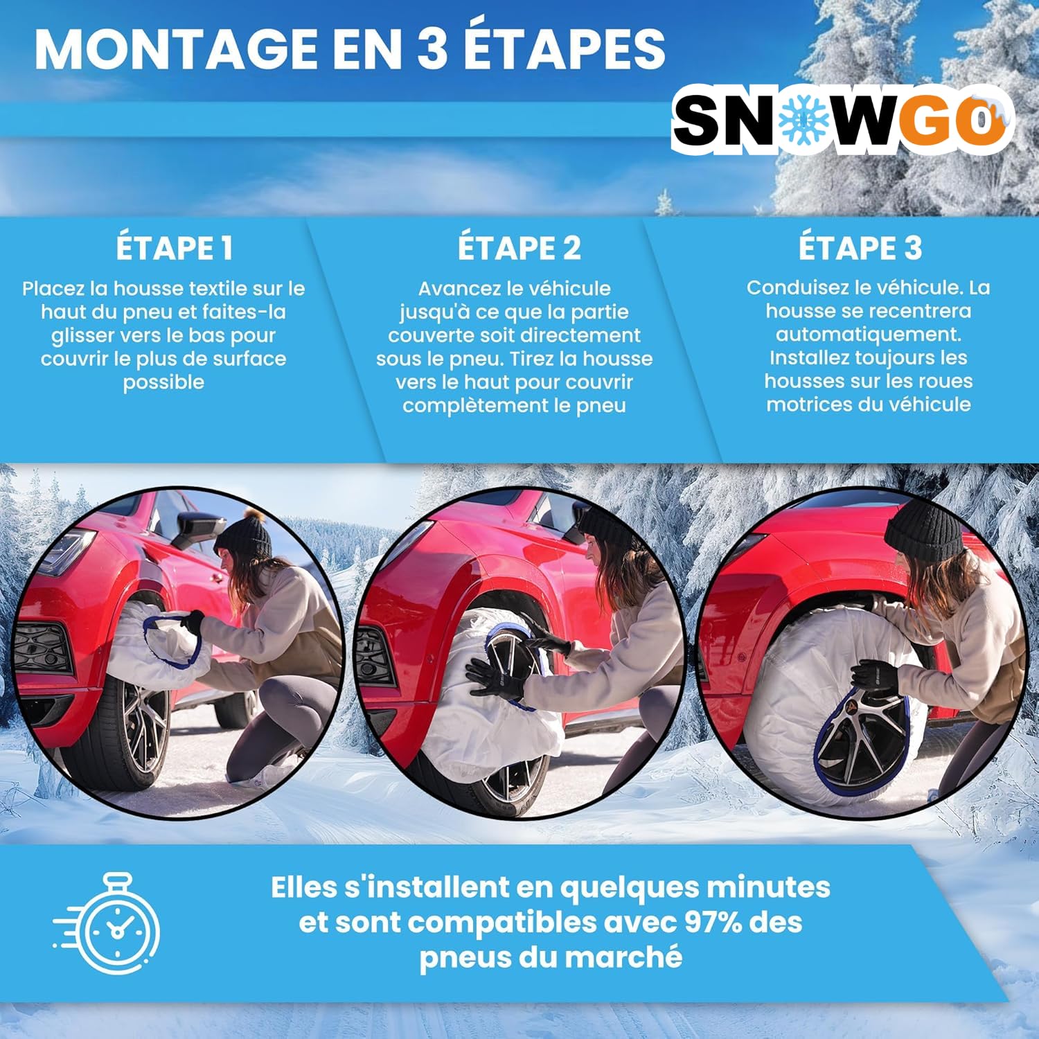 SNOWGO - Jeu de 2 Chaussettes à Neige Textile - Taille XS à XXL - Homologué 16662-1 Europe - Compatibles véhicules 4x4, Électriques, camionnettes et véhicules Utilitaires <3,5T. (XL)