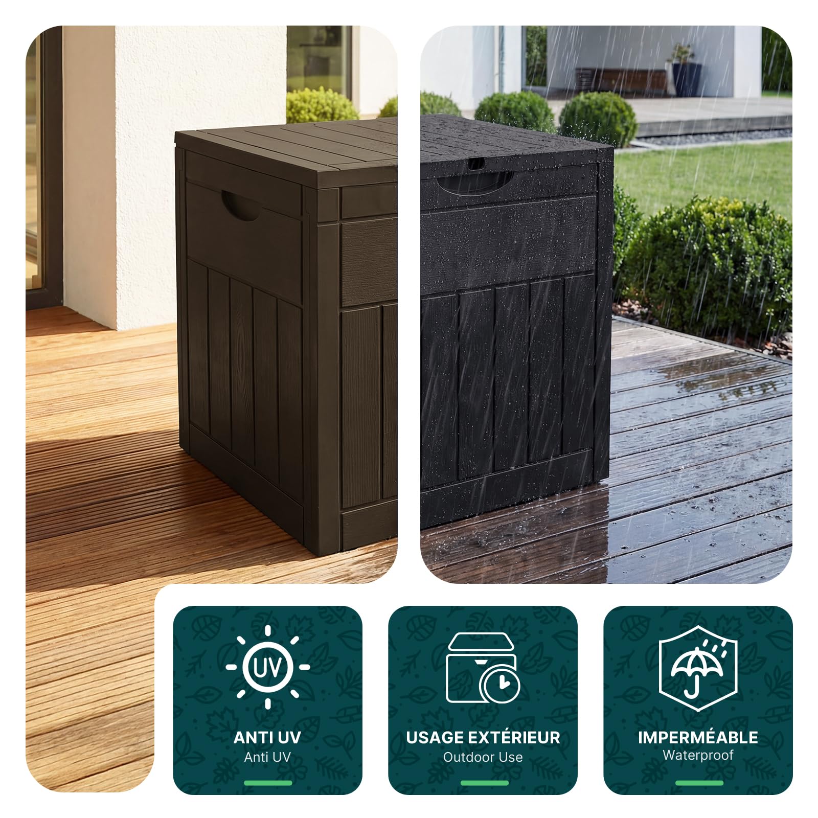 VOUNOT® Baule da Esterno 126L con Coperchio e Maniglie Incassate, Cassapanca da Giardino Impermeabile e Resistente ai Raggi UV 56x43x53 cm, per Terrazza, Balcone e Piscina, Effetto Legno, Marrone