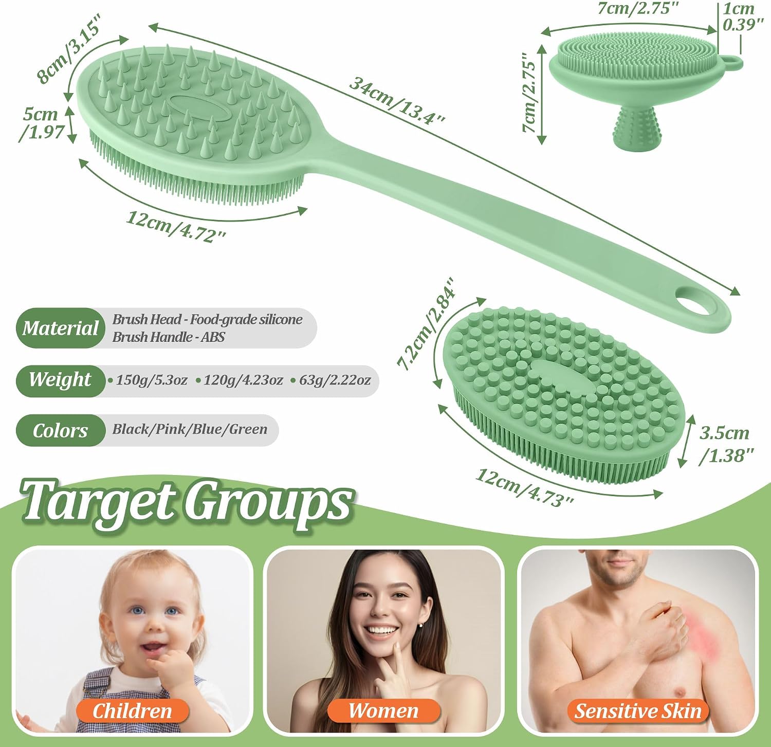 Silicone Face & Back Scrubber Set, Manual Face & Body Scrubber Exfoliator with Soft Bristles and Non-Slip Handle, Back Brush Bath Brush with 2 Detachable Brush Heads(3PCS Green Set)